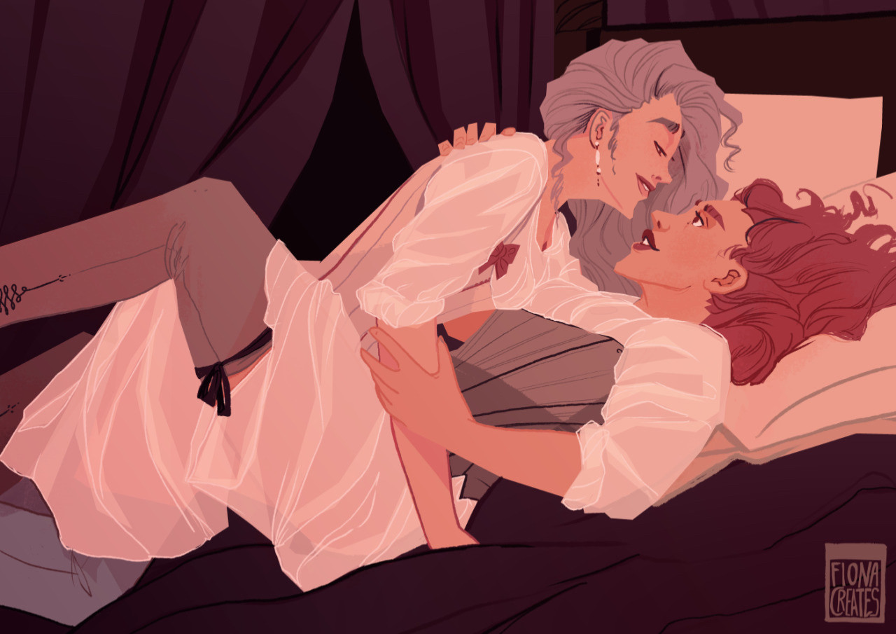 Two more historic ladies are in bed together, close to smooching