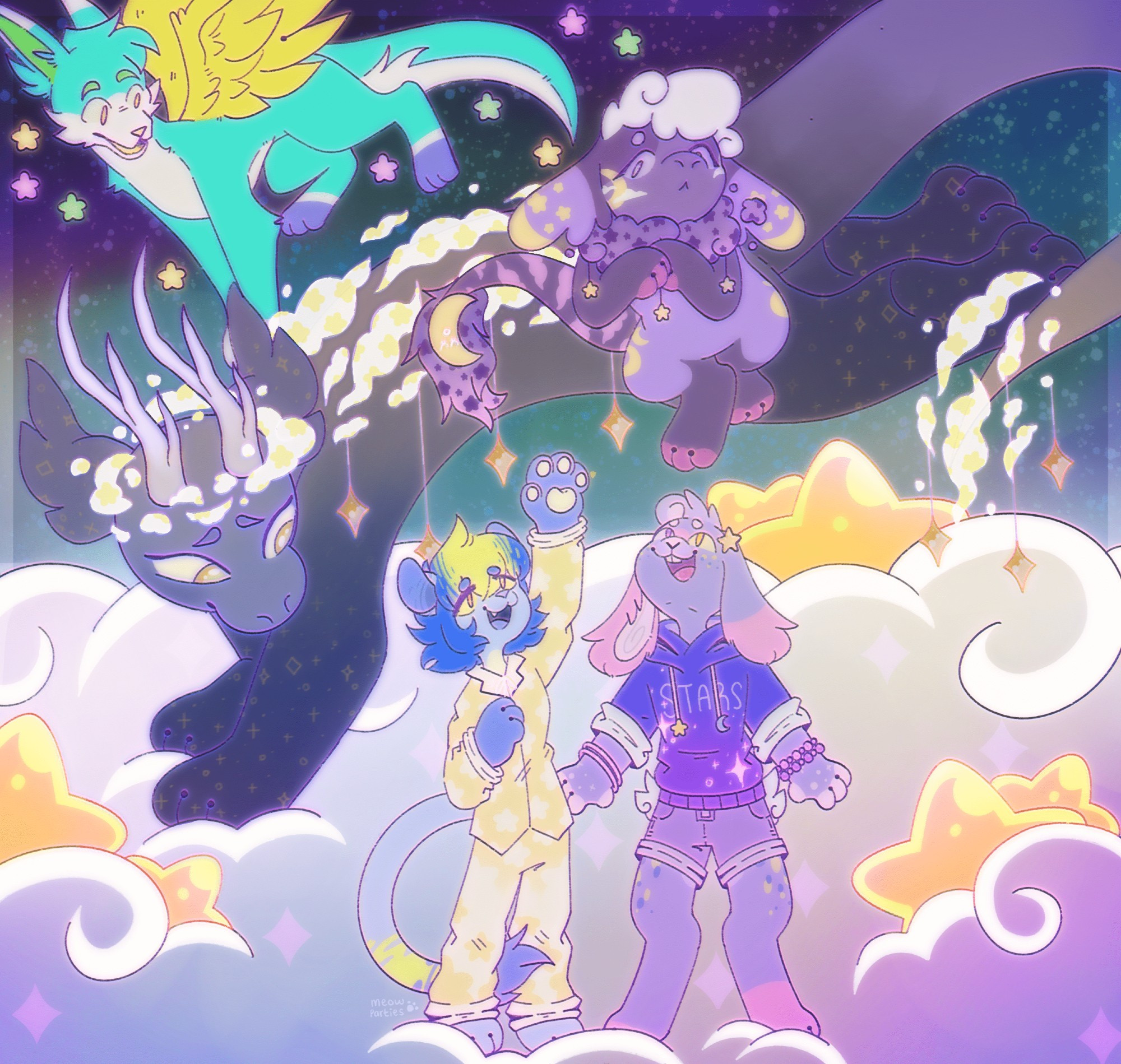 two purple dragons and a neon blue wolf with yellow wings and pastel stars around fly over a blue cat and purple bunny, who are standing on rainbow clouds with big glowing stars. thr background is a dark blue sky with a rainbow and colorful dotted stars.