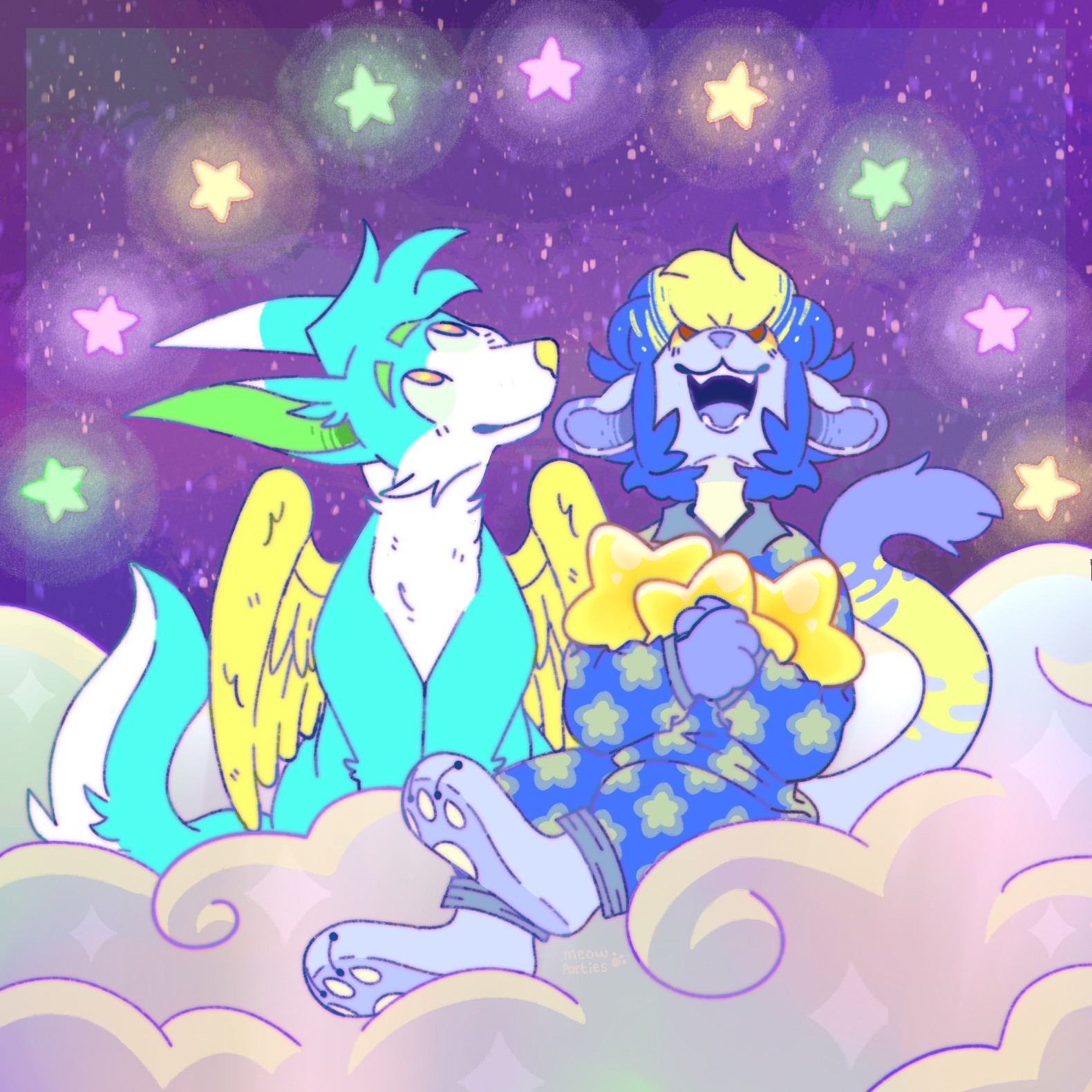 a blue wolf with yellow wings and a dragon-like tail sits beside a blue lion cat holding an armful of big yellow stars. they both look up at small pastel stars, smiling. both sit on pastel rainbow clouds. the background is a dark blue-purple sky with dotted stars.