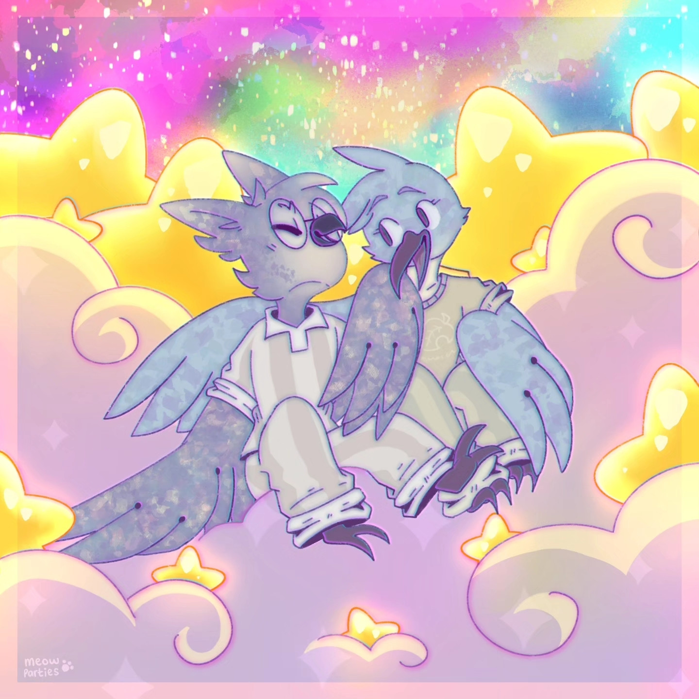 two birds in pajamas sit laughing together on pastel clouds with big stars and a rainbow background