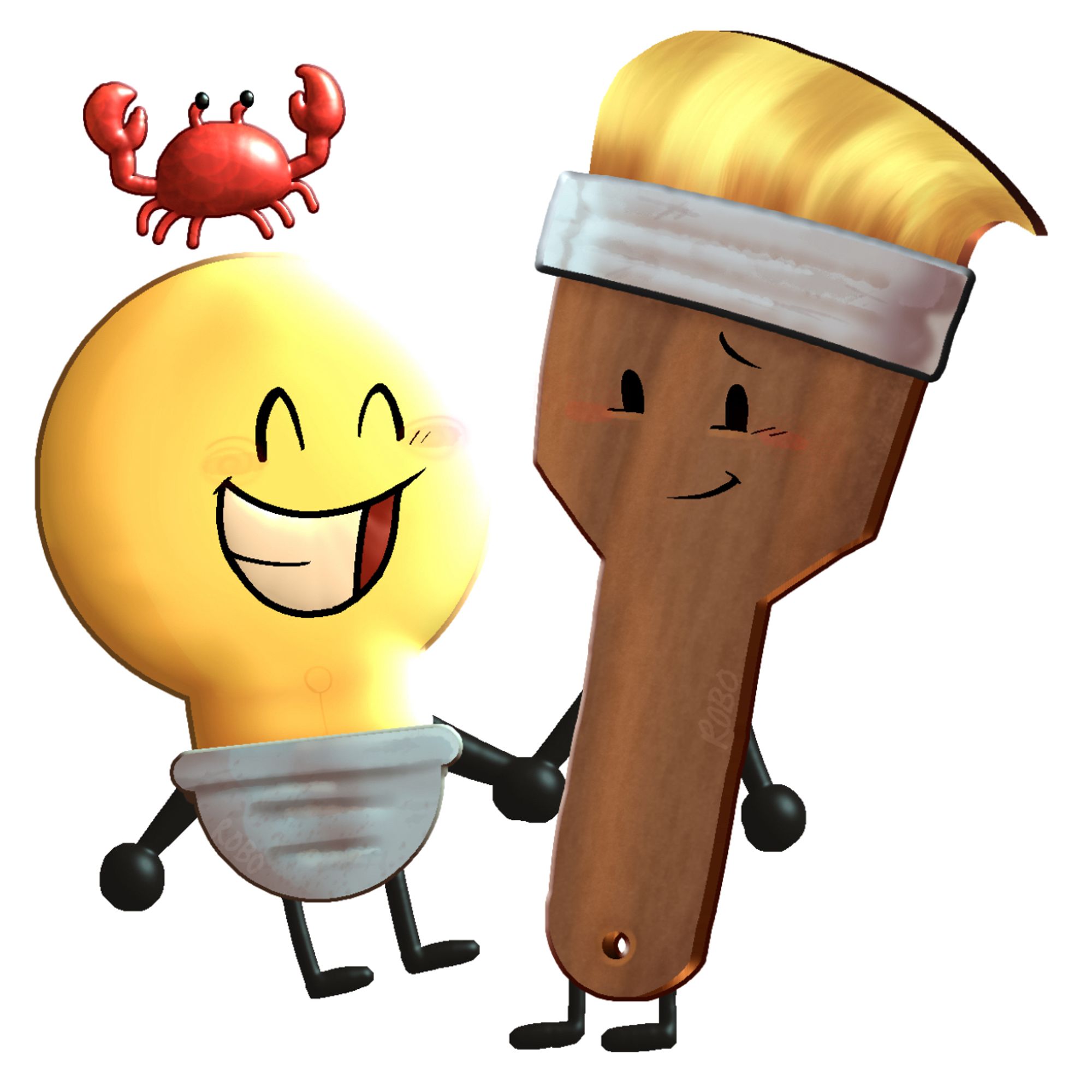 A yellow lightbulb character stands to the left, eyes shut in a wide grin as she holds the hand of a tall paintbrush character, who looks down at her lovingly. There is a red crab above the Lightbulb character.