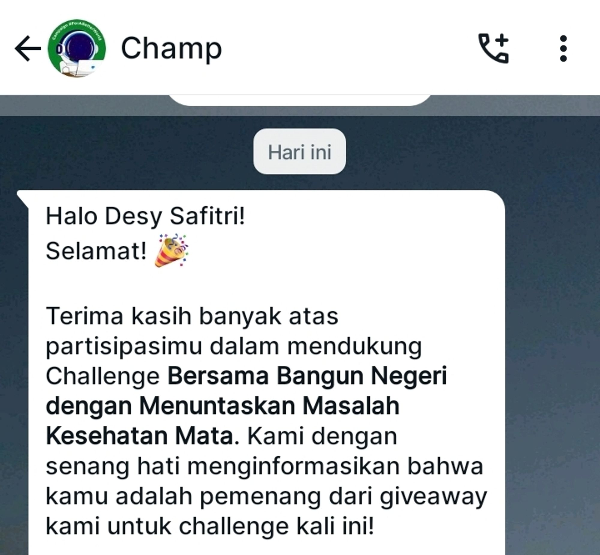 Informasi pengumuman pemenang dari giveaway aplikasi Champaign untuk challenge ‘Bersama Bangun Negeri dengan Menuntaskan Masalah Kesehatan Mata’.