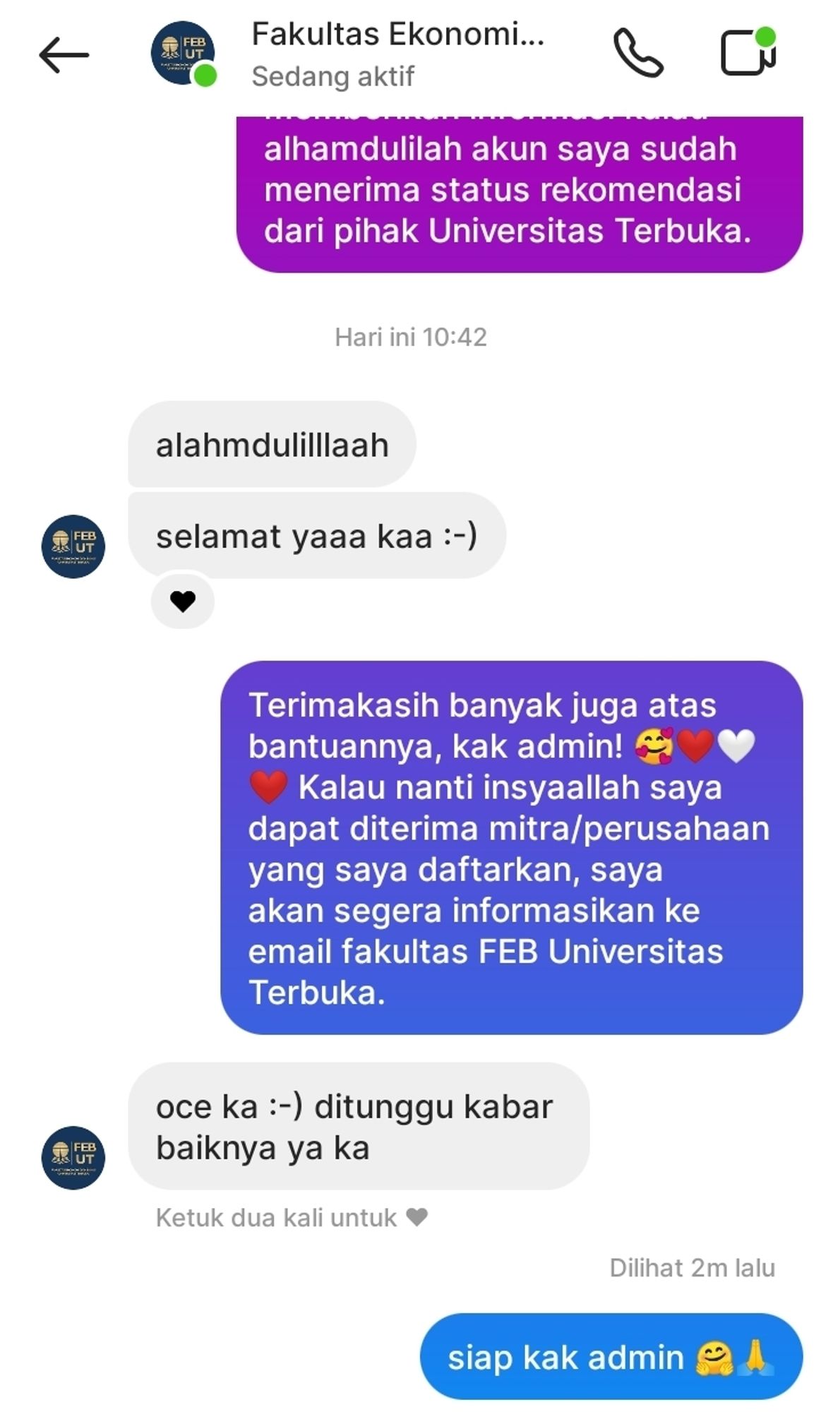 Obrolan pesan dengan admin sosial media FEB Universitas Terbuka melalui direct message Instagram.