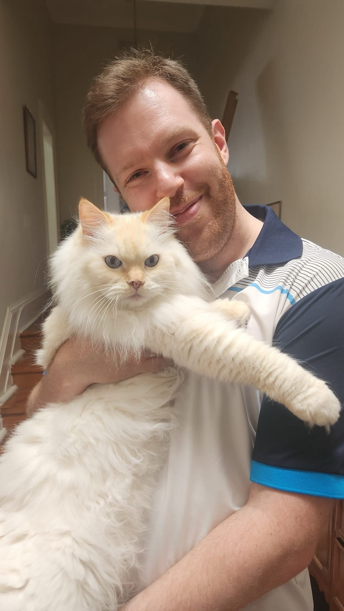 Chris holding a fluffy white ragdoll cat