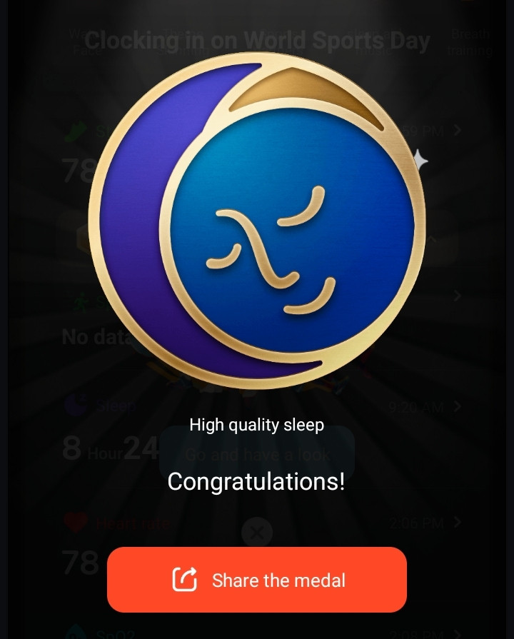 Smartwatch notification congratulating me with a medal for a "high quality sleep" and telling me to share it on social media