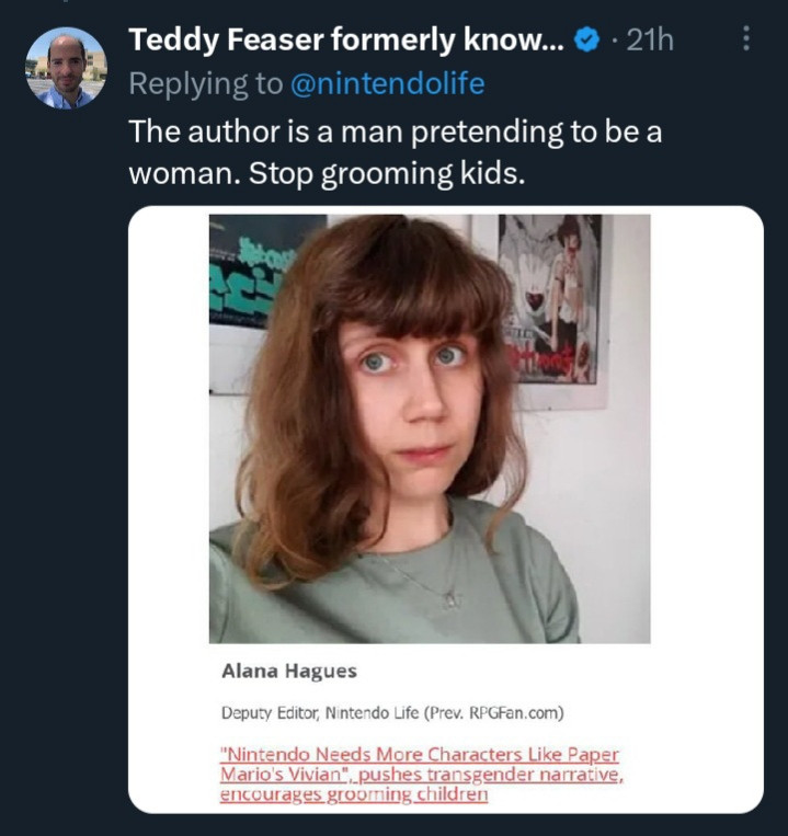 Tweet that says "this author is a man pretending to be a woman. Stop grooming kids." But the picture just looks like a pretty average woman? Not even a trans woman. To be honest I'd kill for her hair. Anyway--