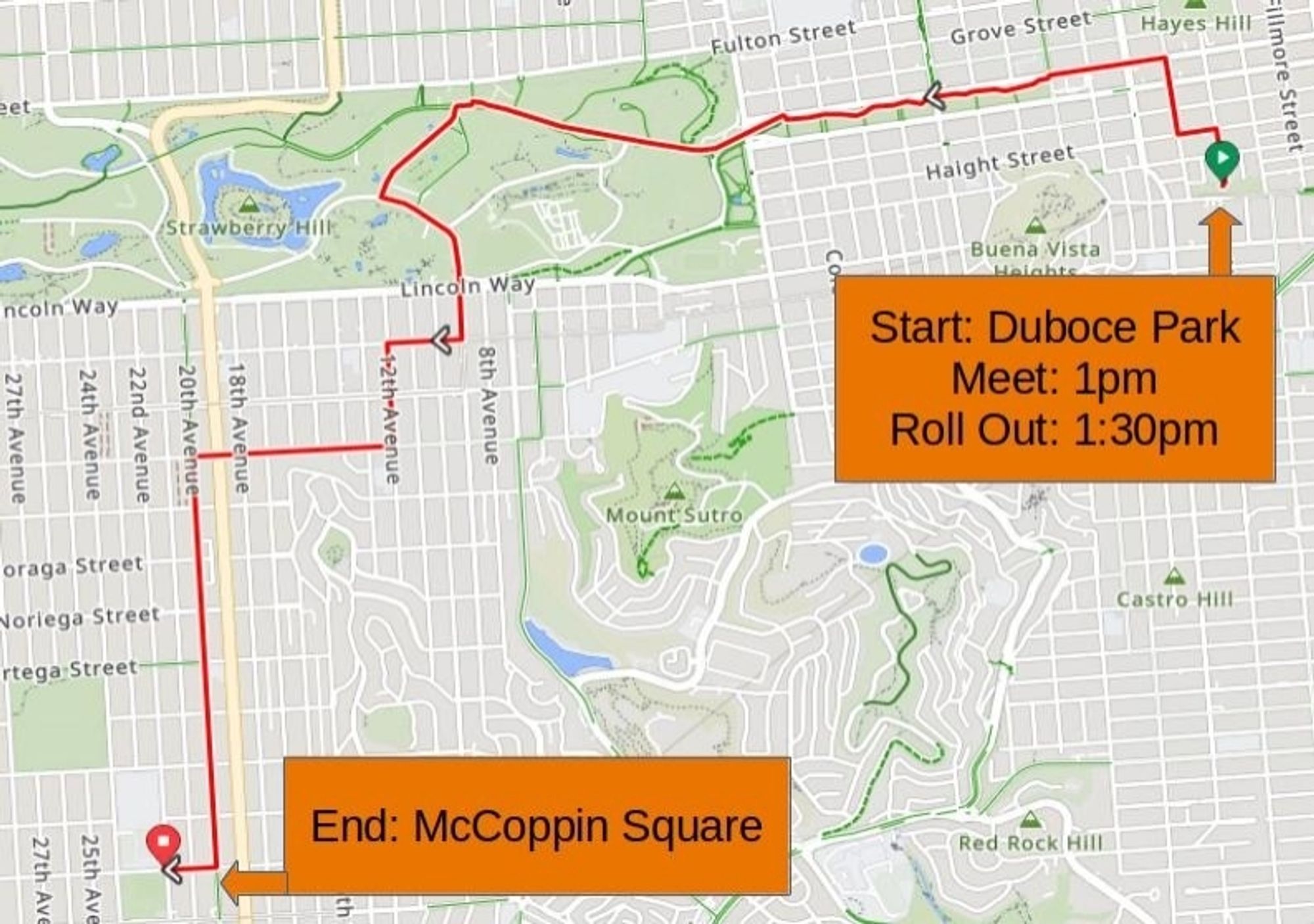 Route for McCoppin Fund the Bus Slow Ride: Start at Duboce Park, ride through wiggle and Fell bike lane, onto JFK through GGP, south along MLK and onto 9th, make our way to 12th Ave slow street, west on Kirkham to south on 20th Ave and then ending at McCoppin Square