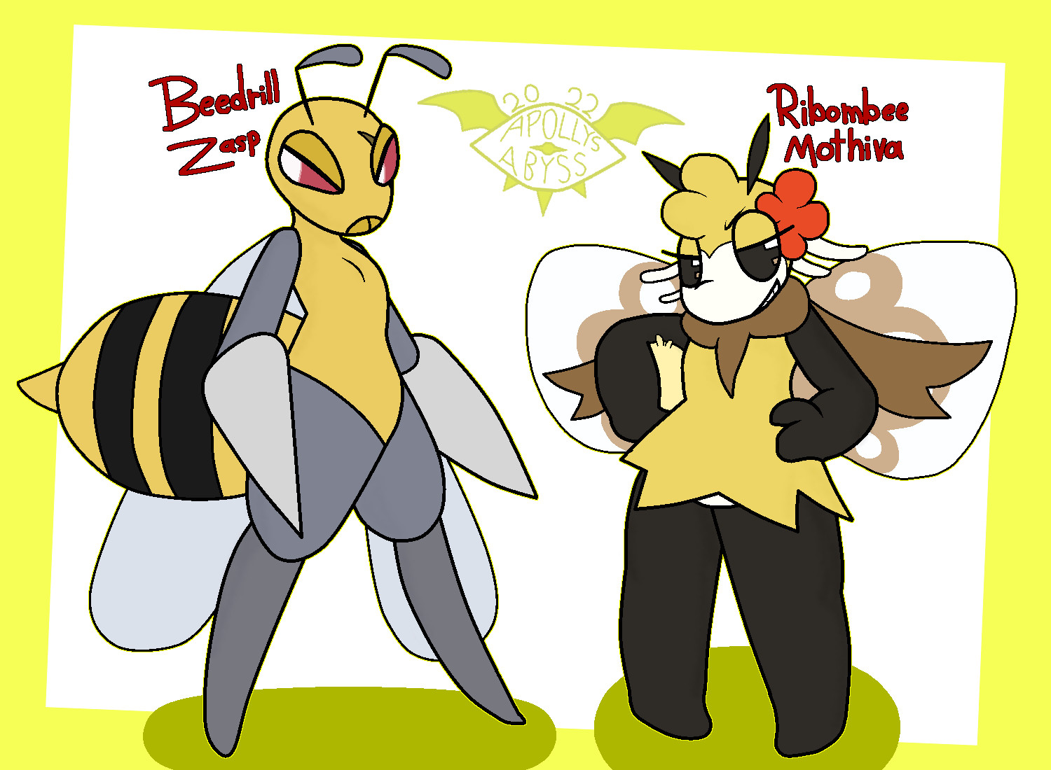 Pokemon versions of Zasp and Mothiva from Bug Fables! Zasp is a Beedrill and Mothiva is a Ribombee