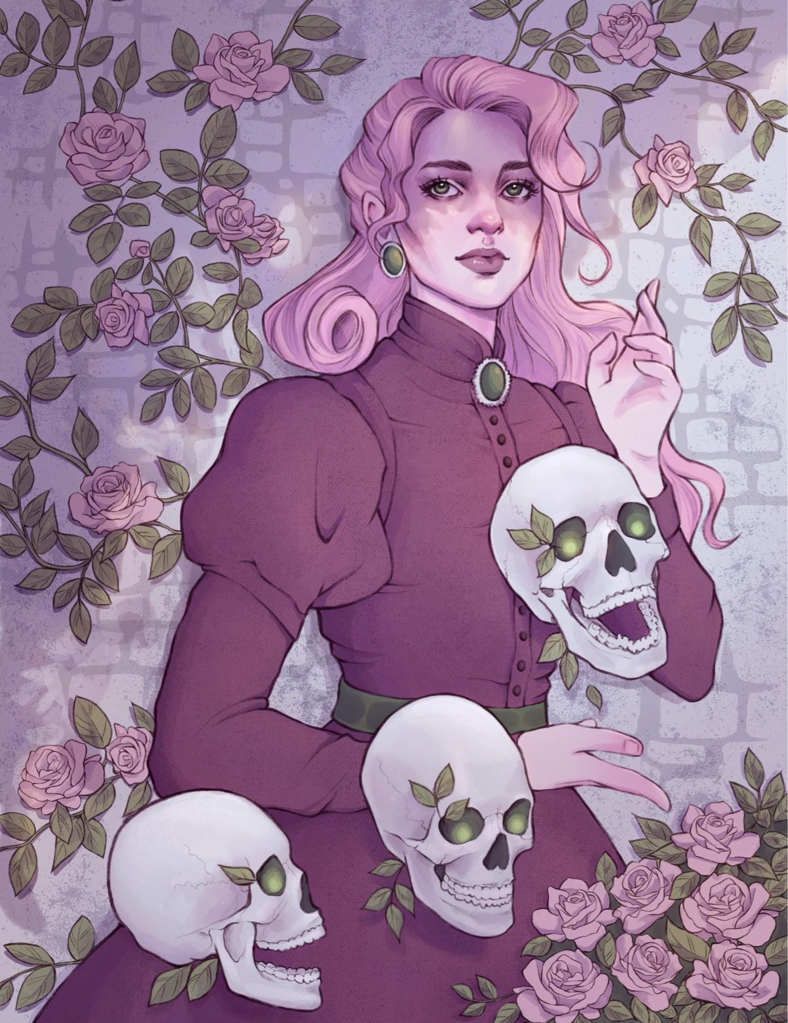 a pastel-colored illustration of a finely dressed woman with light skin and pink hair standing in front of a stone wall covered in vines and pale pink flowers. before her are three floating skulls, each with glowing green eyes and leaves sprouting from them.