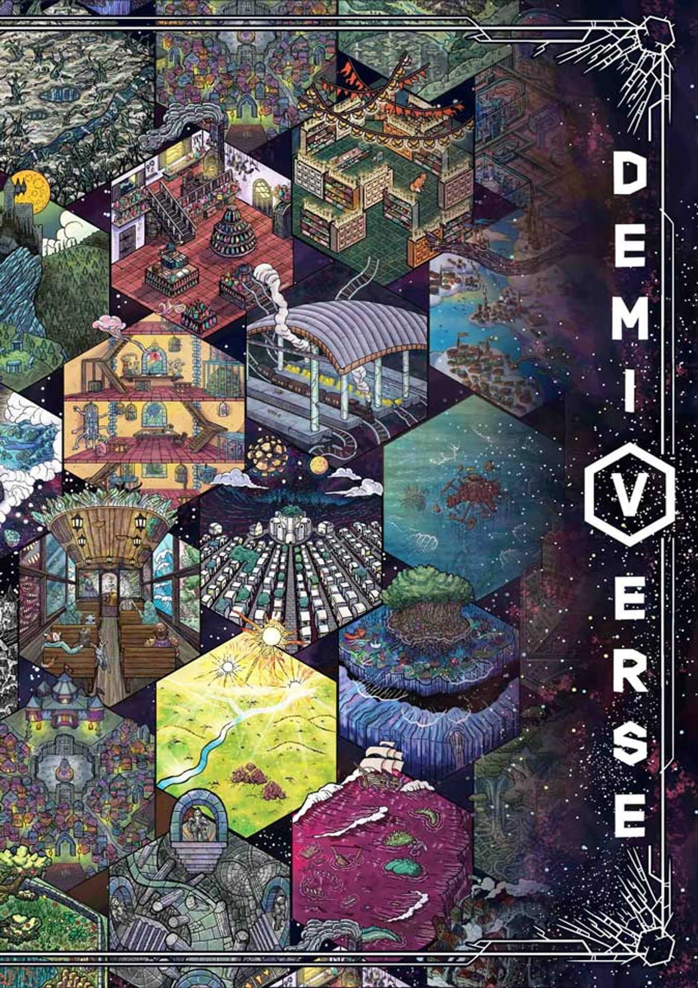 Over a dozen hexagonal maps appear on the cover of the Demiverse bundle. The V in Demiverse is enclosed in a hexagon.