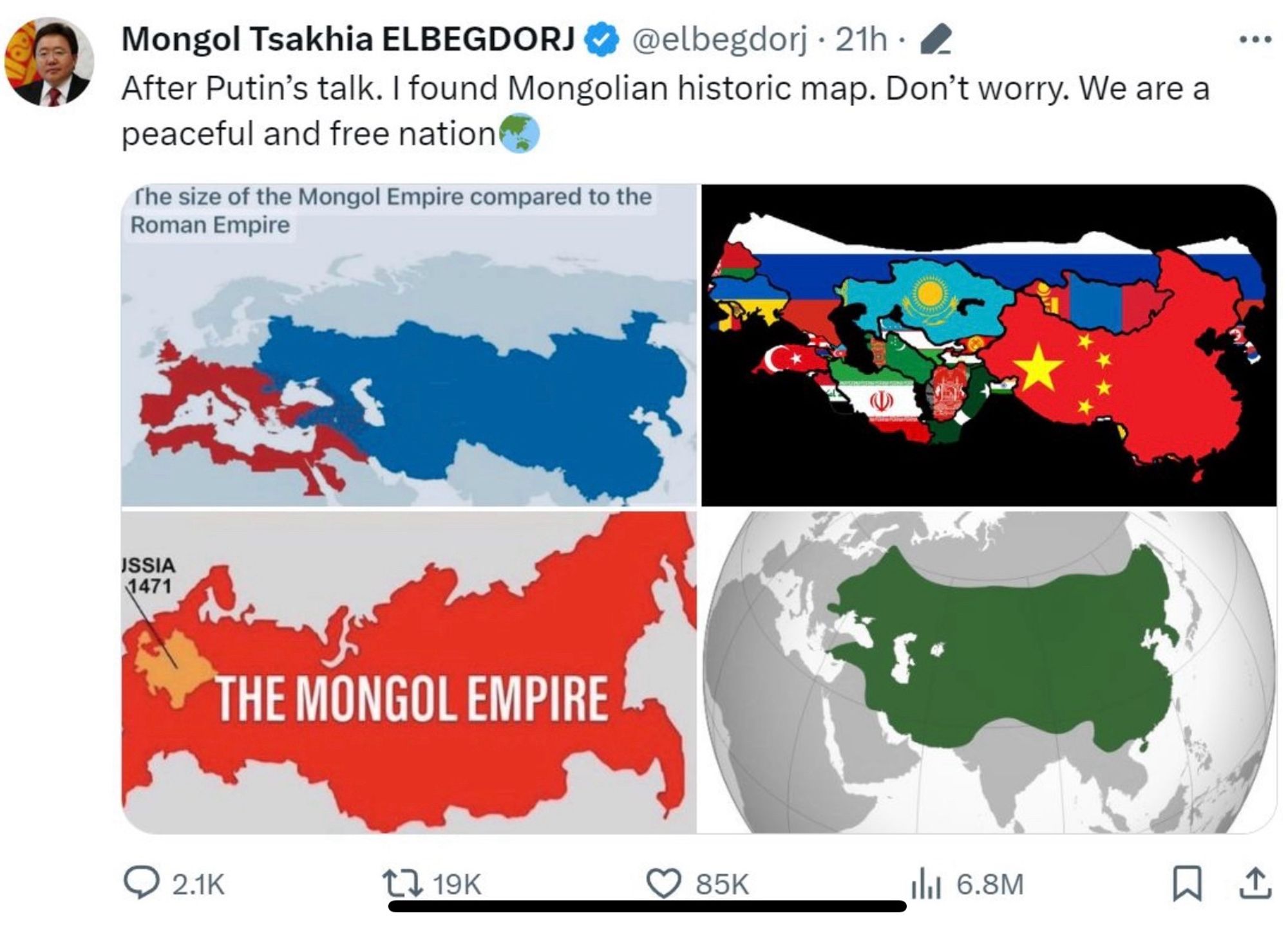 Ex-Mongolian president shares old Mongolian empire maps after Putins talk.