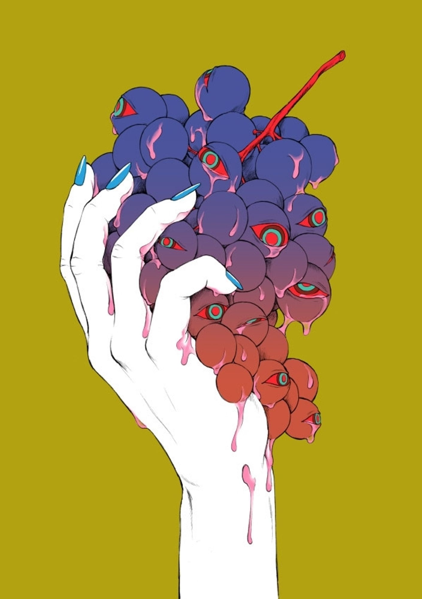 White hand on bright background holding grapes with eyes on them, dripping pink juice on the palm.