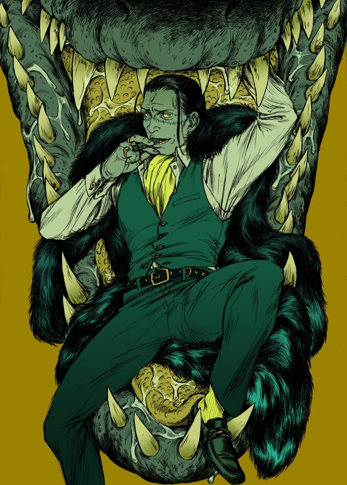 Pinup of Sir Crocodile from One Piece sitting inside a giant, wet crocodile jaws.