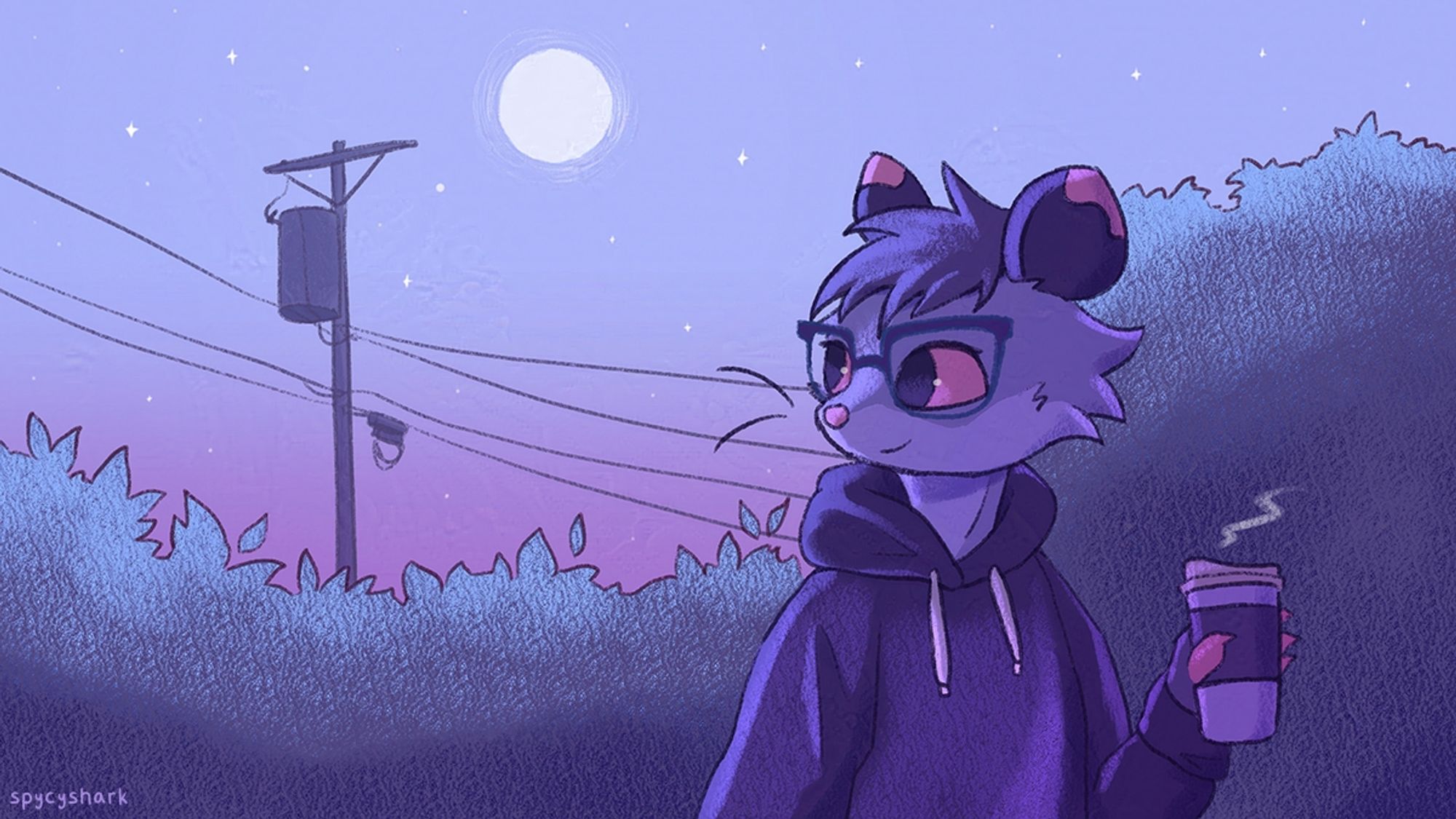 A furry illustration of my possum fursona. It is a night scene, the background has a full moon, stars, and a utility pole behind some bushes. The possum is looking back to the left and holding a to-go coffee cup on their left hand.