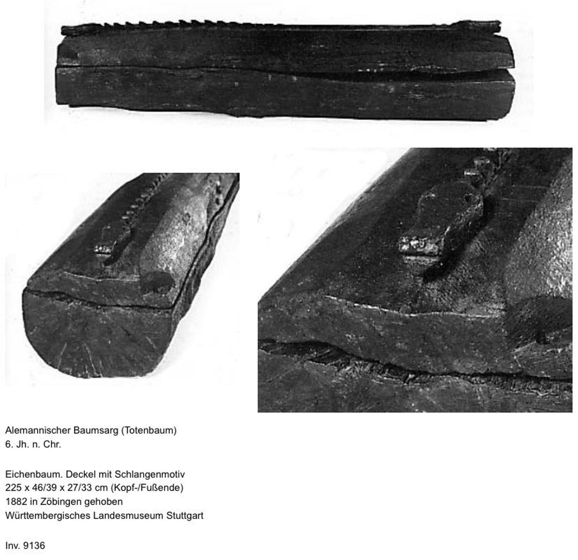 Photos of an Alemannic treetrunk coffing ("Totenbaum"), 6th century AD. Several views of the coffin and its lid, decorated with a carved snake.