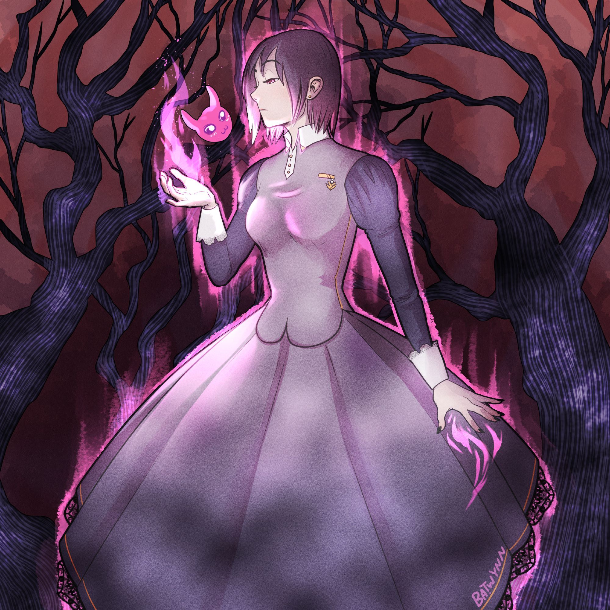 A drawing of a young woman in a puffy dress summoning a small demon with dark, twisted trees behind her.