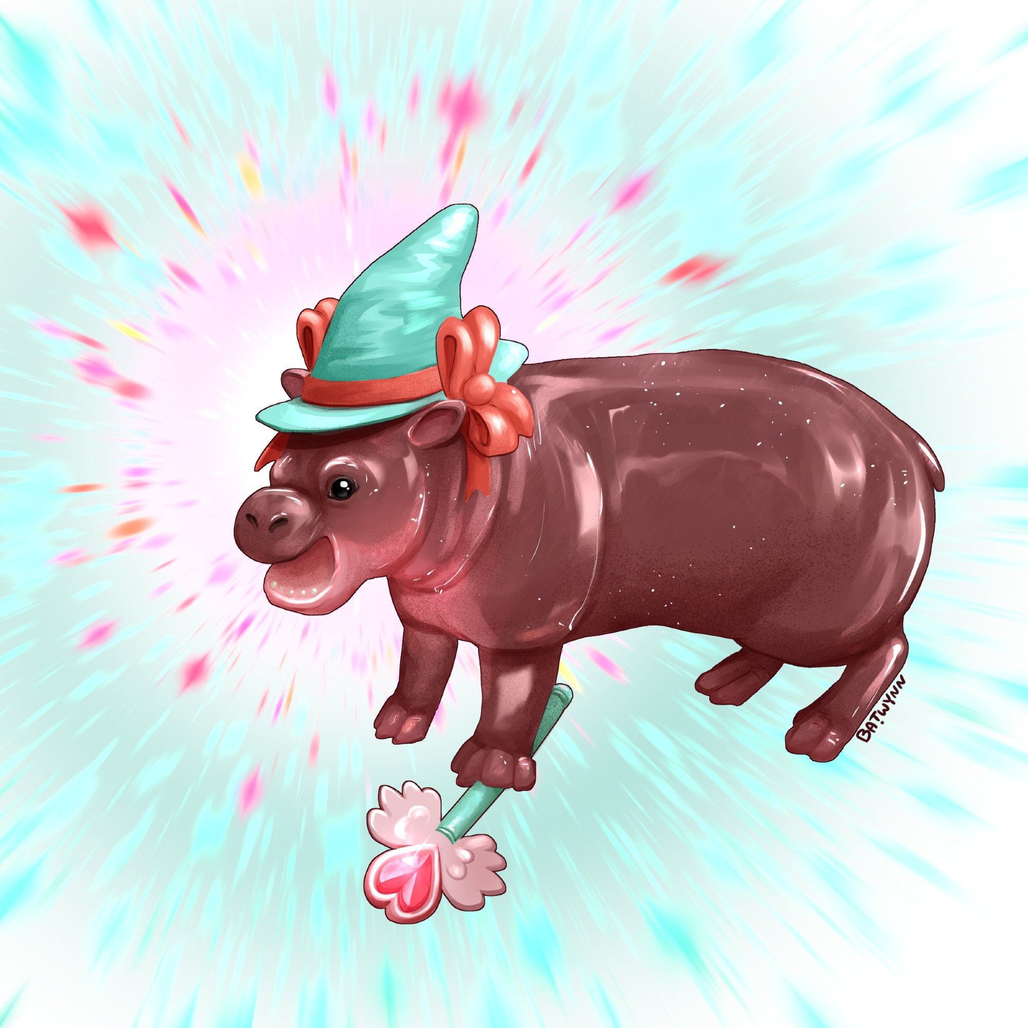 A drawing of the baby hippo Moo Deng with a magical girl hat with bows and a magical staff.