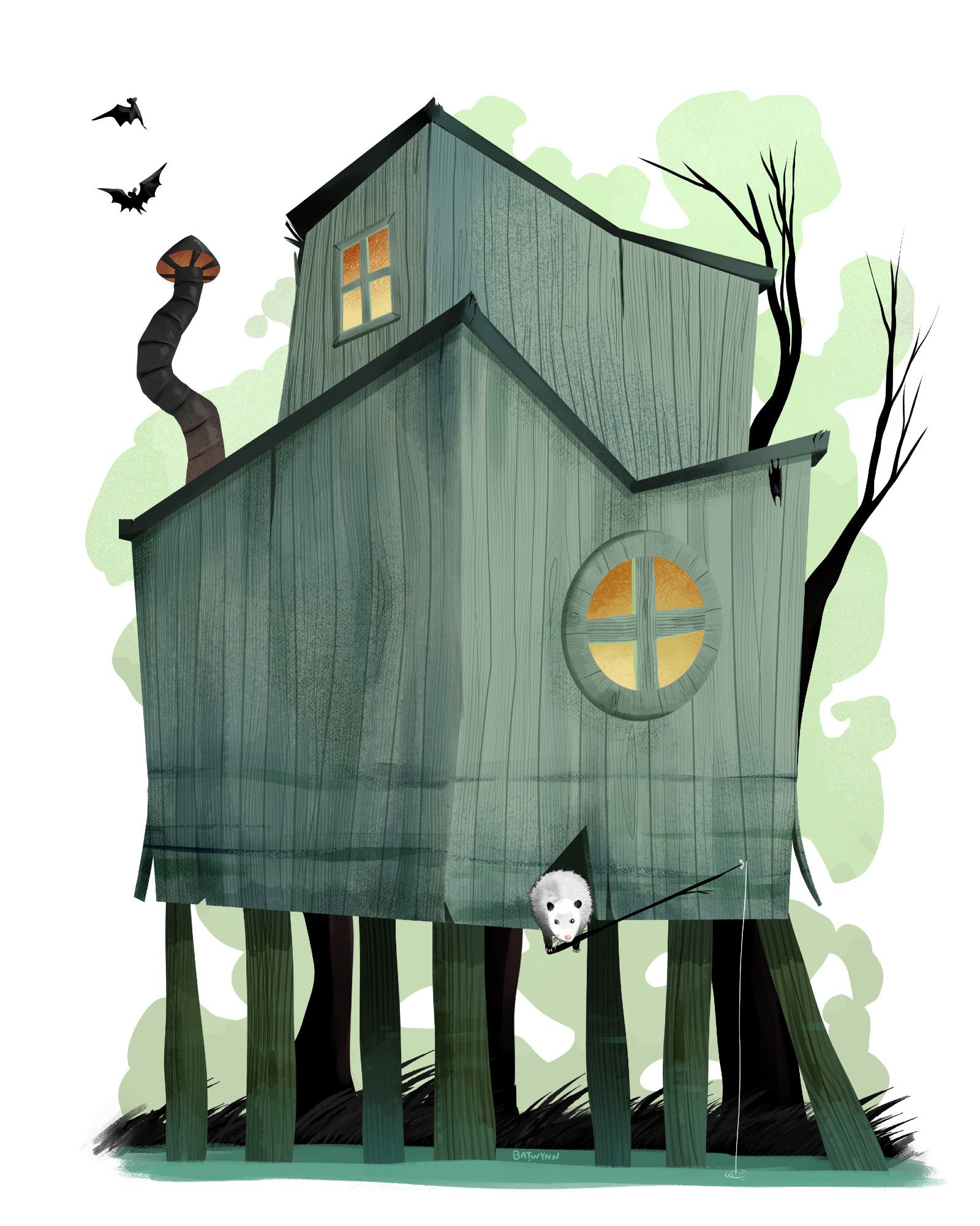 An illustration of a crooked, old cabin on stiles over water. A possum is leaning out of a hole in the wall to fish with a fishing pole.