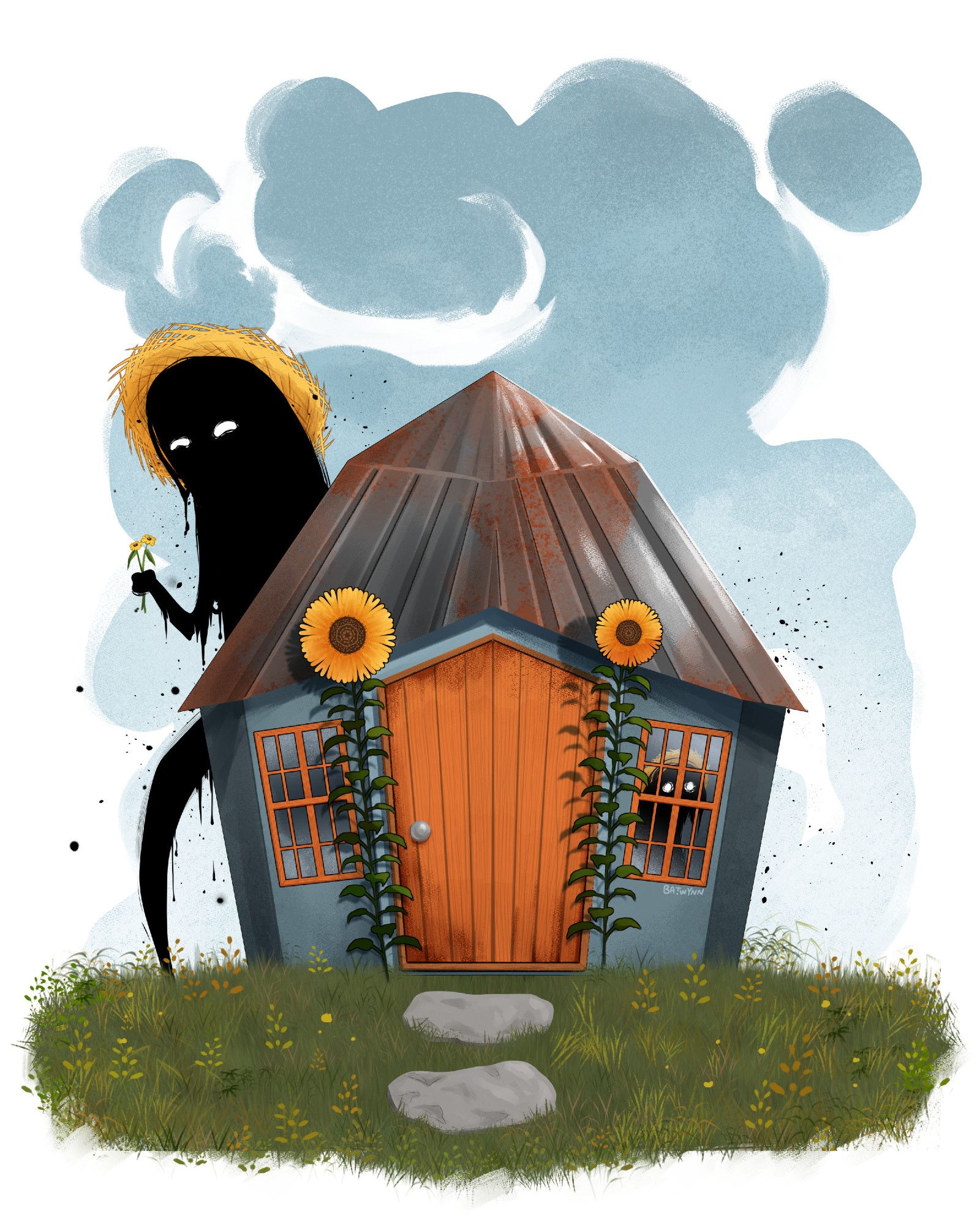 A drawing of a blue cabin with a metal roof. In front are two sunflowers, inside is a small creepy black goo person with a straw hat. In the background there is a much larger black goo person with a straw hat and flowers.