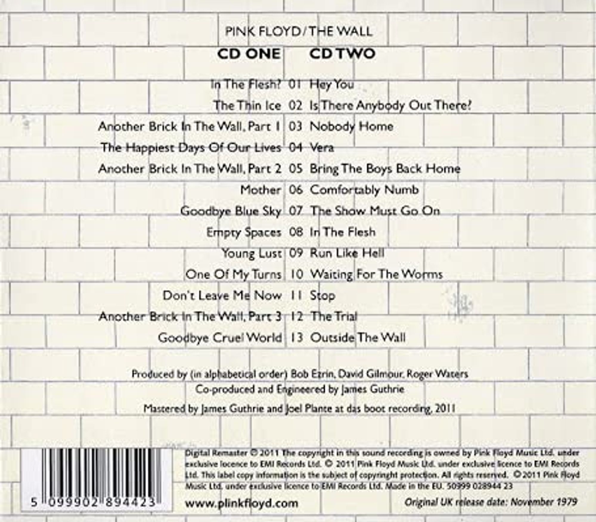 The Back Cover of Pink Floyd's The Wall, Remastered in 2011. It includes a list of all the songs.