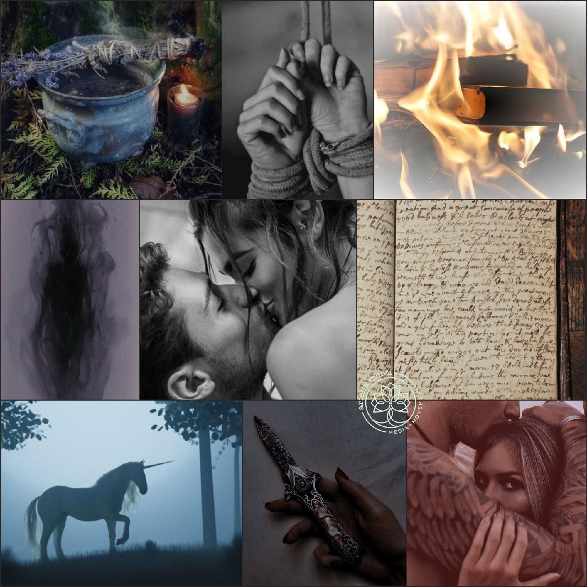 A collage of 9 images makes up a mood board for my WIP. The photos are spooky and witchy with cauldrons, unicorns, and ancient daggers. Rope bound hands, burning books, and a shadowy figure represent the high stakes conflict for the protagonists.