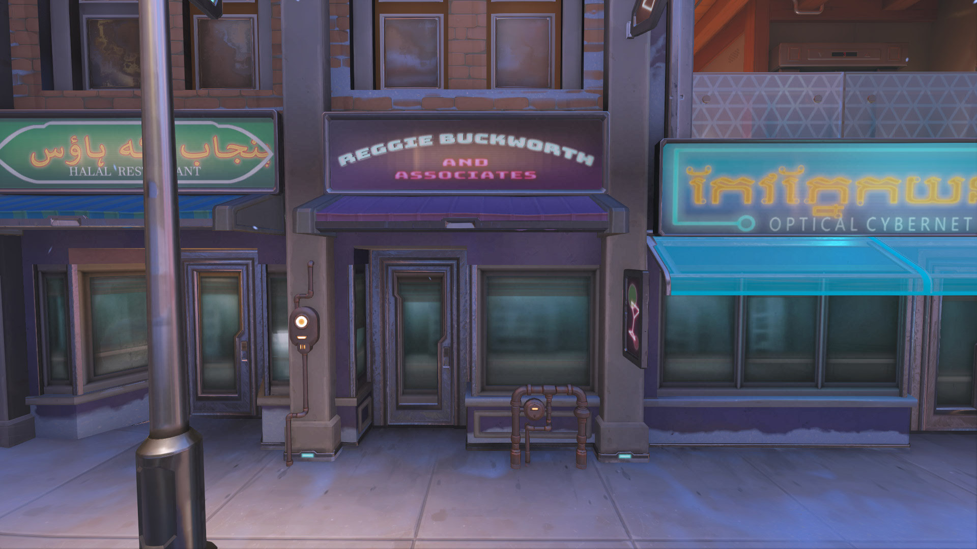 Image of the storefront Reggie Bucksworth and Associates, as it stands today since it was added in the first playable demo of Overwatch 2