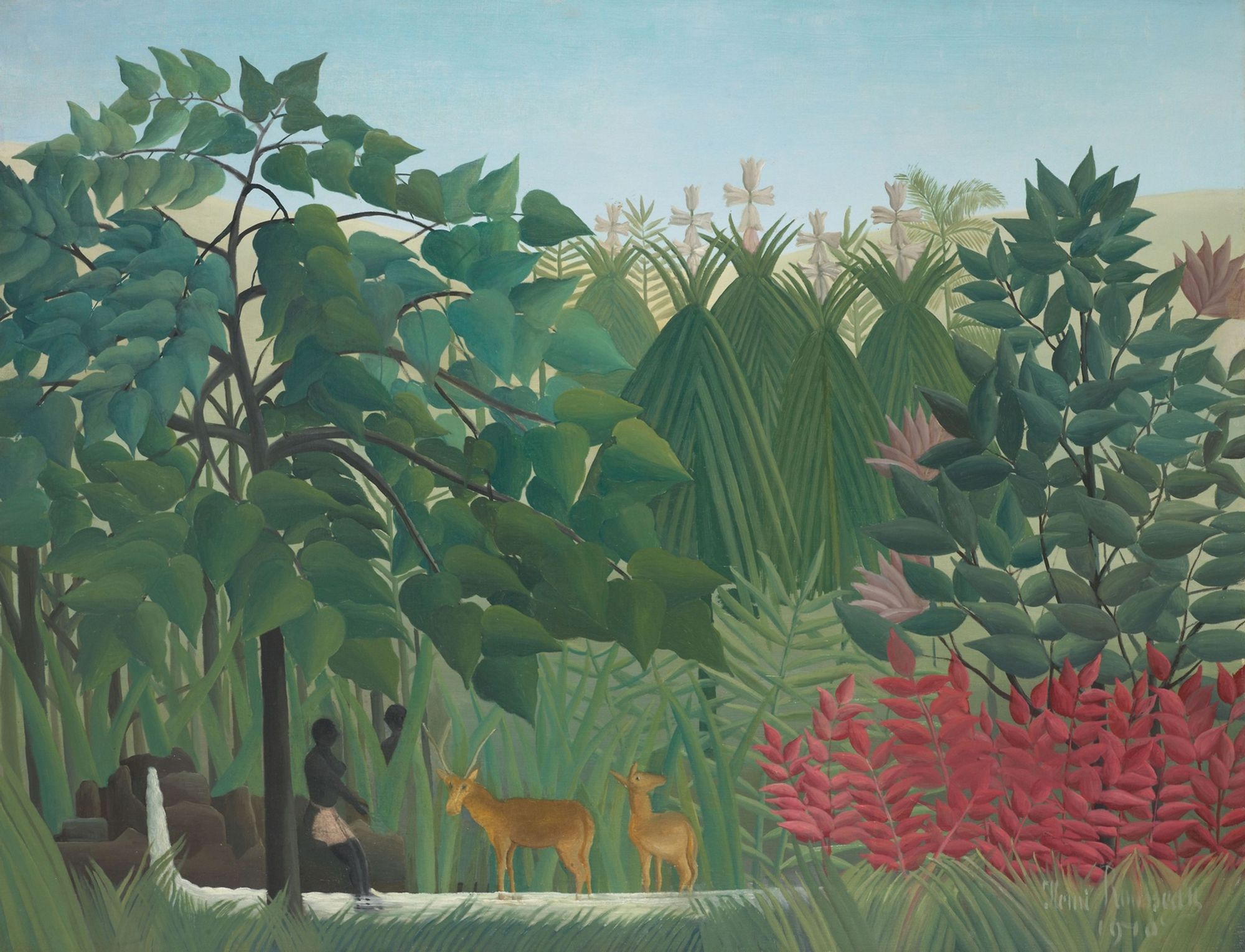 Henri Rousseau was a self-taught artist who worked as a customs agent on the outskirts of Paris. His visionary paintings—in particular, those on the theme of the jungle—captivated the art world with their representations of lush plant and animal life painted with incredible detail and precision. Rousseau made The Waterfall in the last year of his life, and it may have been left unfinished: a few leaves on the branches of the tree in the left foreground lack some of the artist's characteristic overlapping layers of color. Though Rousseau depicted exotic, distant locales, he never set foot outside France. His imaginary scenes were informed by visits to the Paris zoo and botanical gardens, and images from postcards, photographs, and illustrated journals.

Helen Birch Bartlett Memorial Collection