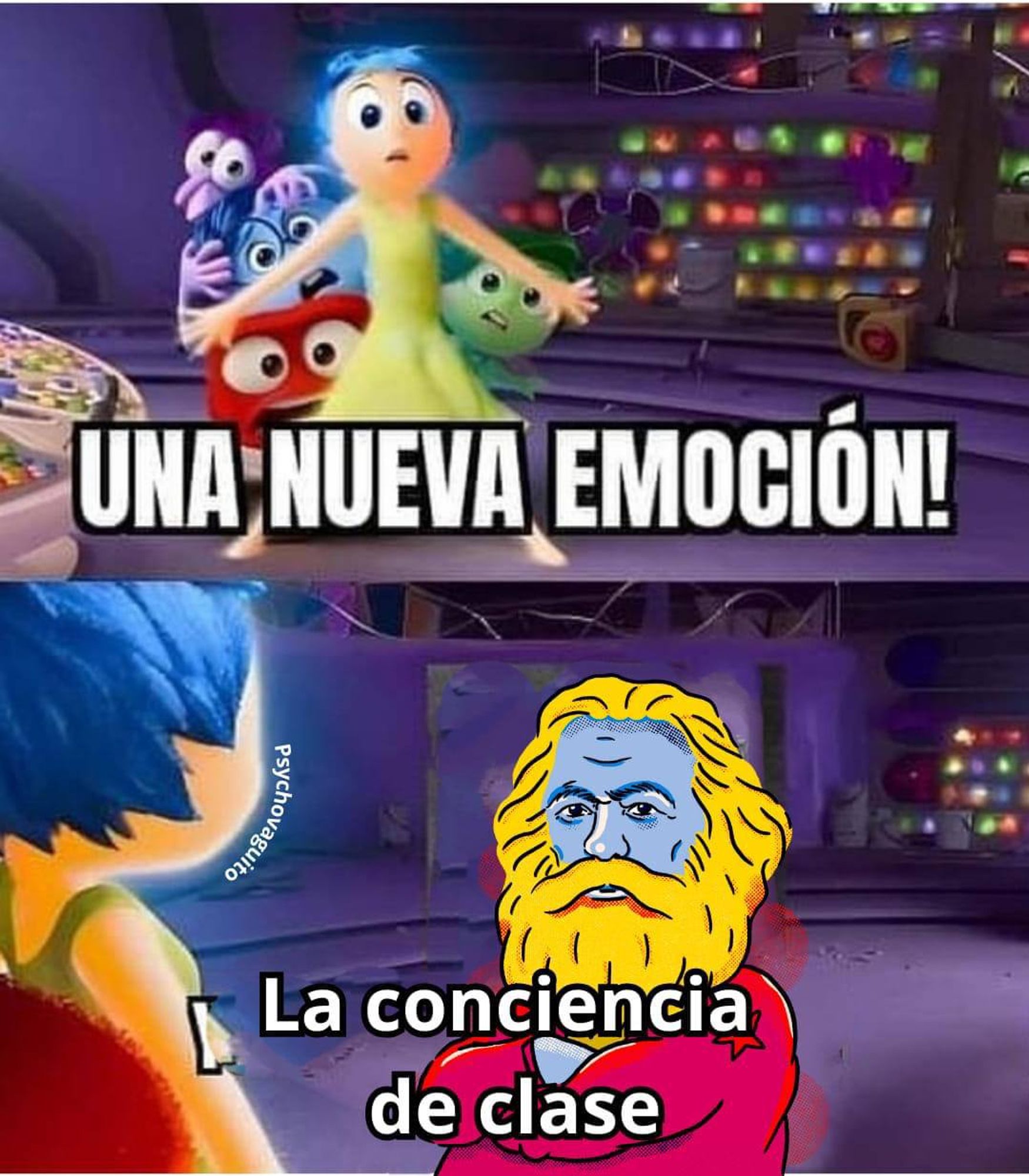 A imagem é um meme que combina elementos do filme animado "Divertida Mente" (conhecido como "Inside Out" em inglês) com uma referência humorística a Karl Marx e à consciência de classe.
A parte superior mostra uma cena de "Divertida Mente", onde a personagem principal Alegria está rodeada por outras emoções personificadas. O texto sobreposto diz "UMA NOVA EMOÇÃO!"
Na parte inferior, onde normalmente apareceria a nova emoção no filme, há uma imagem estilizada de Karl Marx com cabelo e barba amarelos, pele azul e uma vestimenta vermelha. O texto abaixo diz "A consciência de classe".
O meme brinca com a ideia de introduzir a consciência de classe marxista como se fosse uma nova "emoção" no universo de Divertida Mente, criando um contraste humorístico entre o conceito filosófico-político e as emoções básicas representadas no filme.