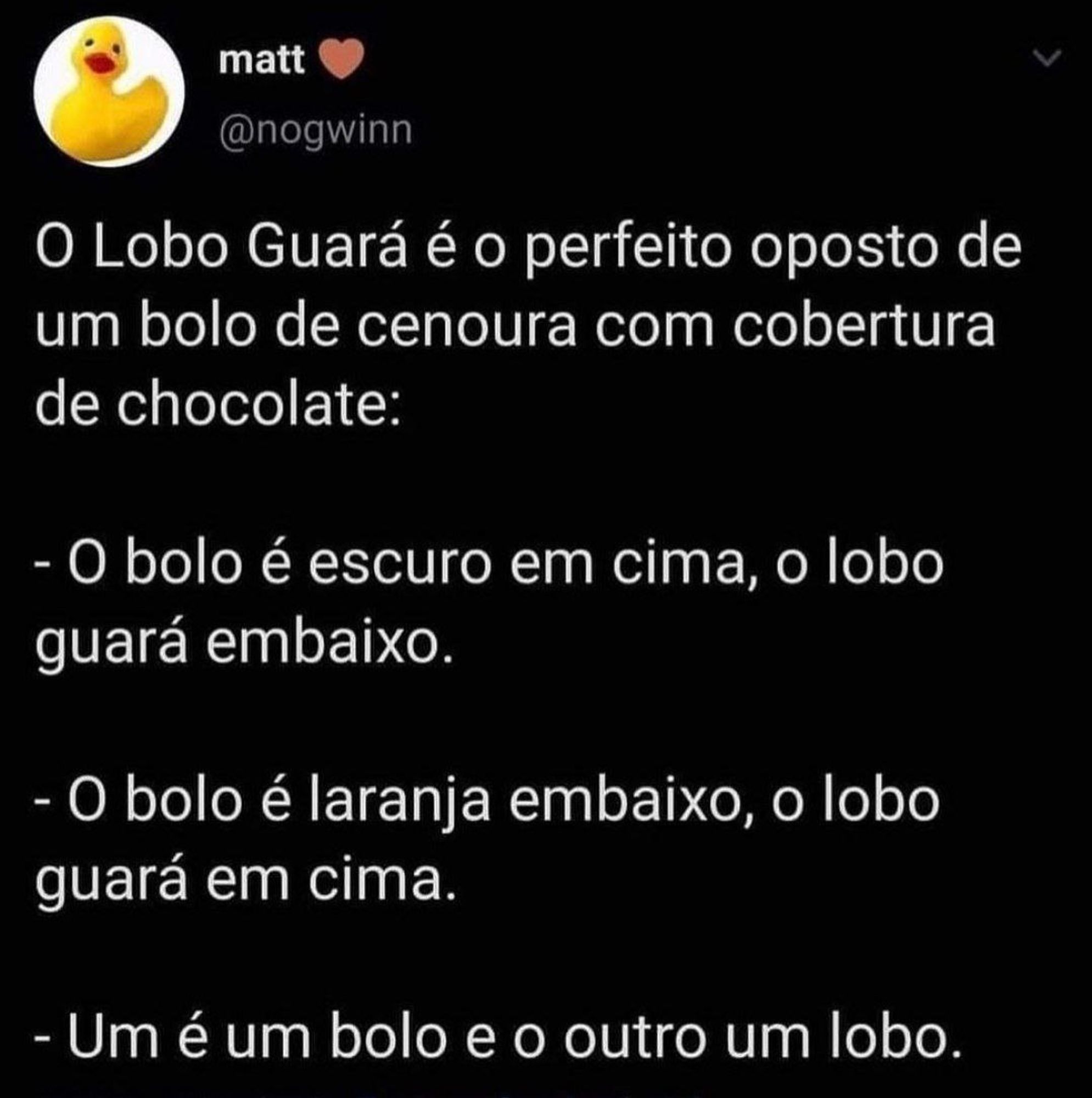 A imagem mostra uma postagem de mídia social feita por um usuário chamado "matt" com o nome de usuário "@nogwinn". O avatar do usuário é uma imagem de um patinho de borracha amarelo.
O texto da postagem está em português e diz o seguinte:
"O Lobo Guará é o perfeito oposto de um bolo de cenoura com cobertura de chocolate:

O bolo é escuro em cima, o lobo guará embaixo.
O bolo é laranja embaixo, o lobo guará em cima.
Um é um bolo e o outro um lobo."