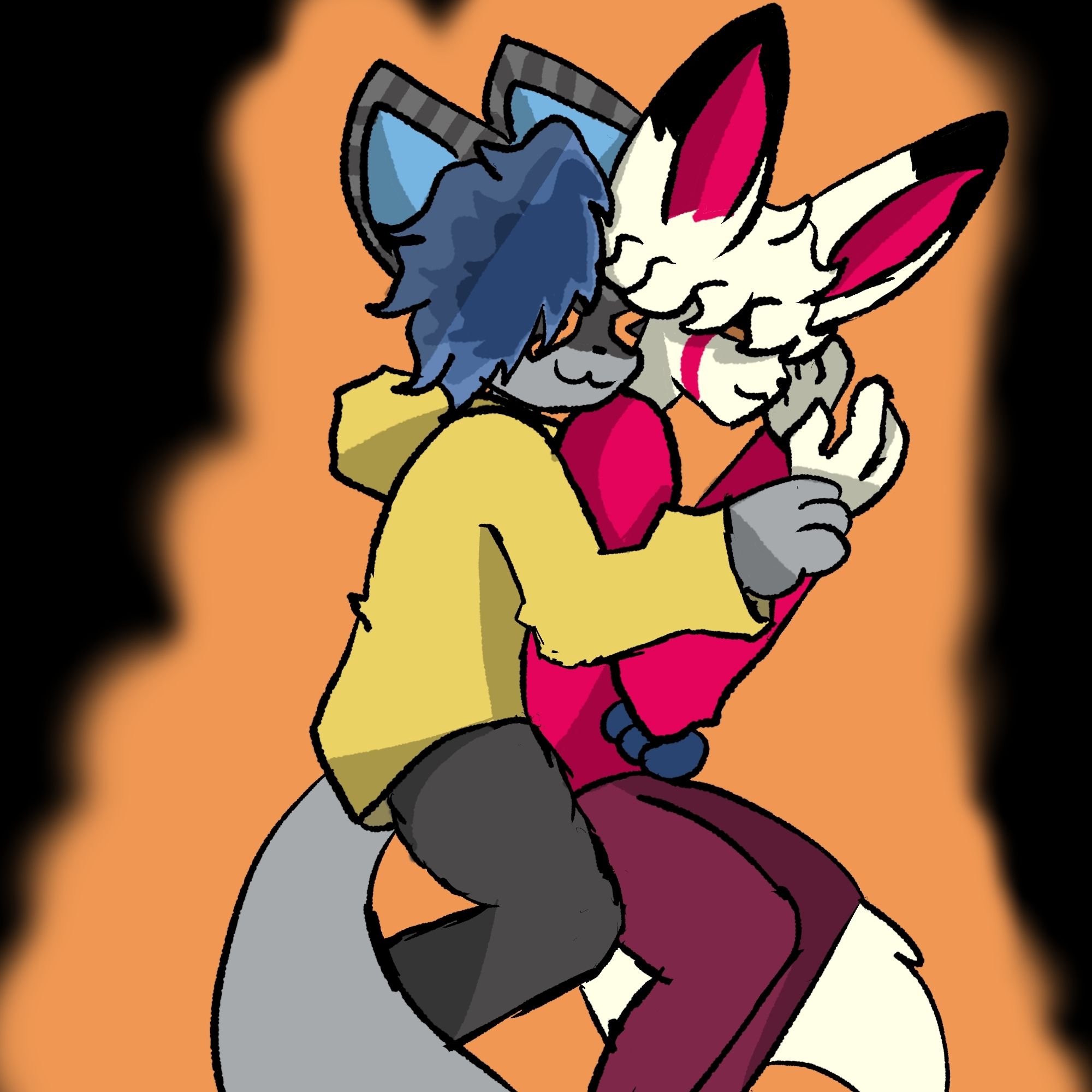 This post is a simple drawing of two anthro furry characters cuddling. Theres a Raccoon and a Fennec Fox