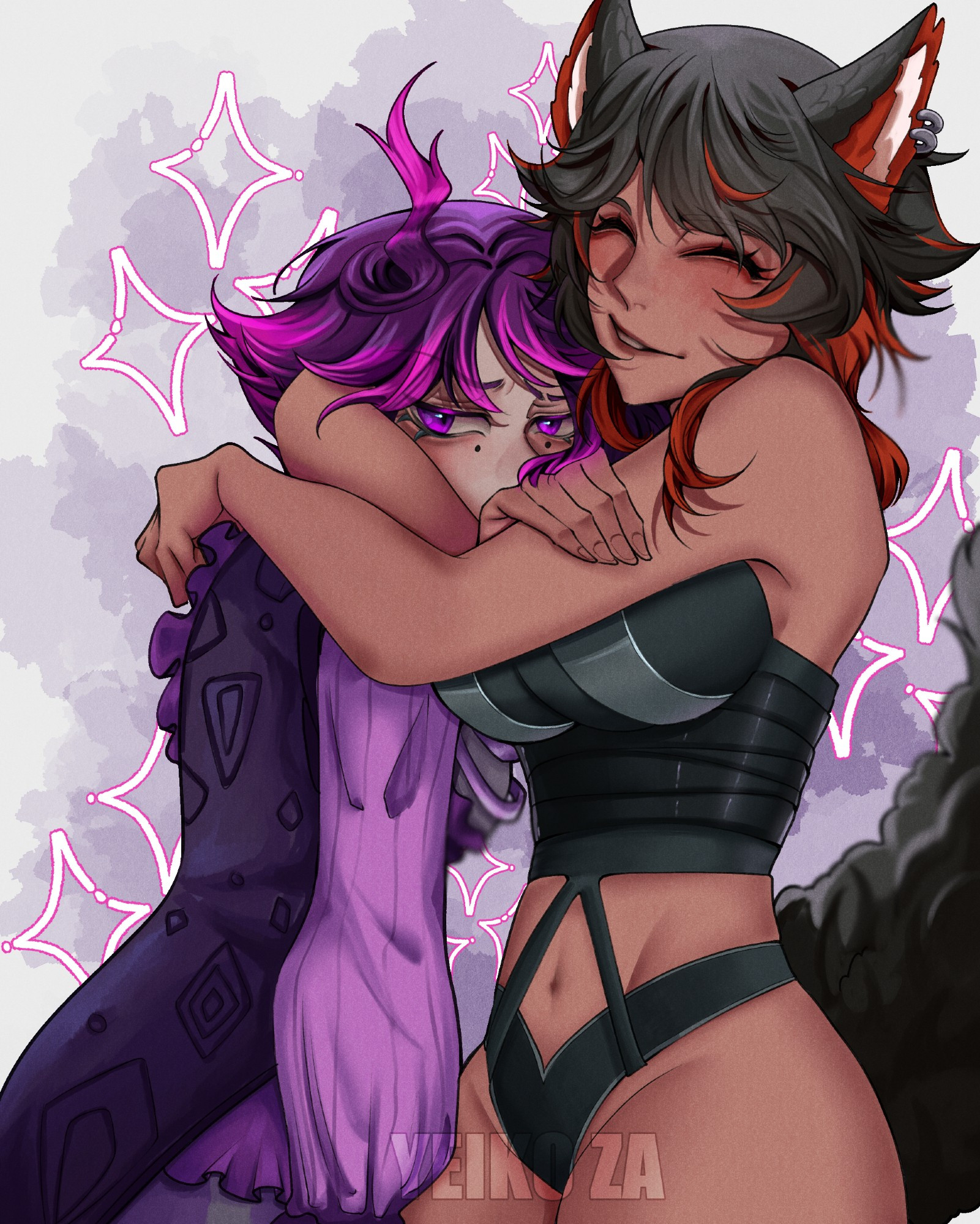 A black and red haired, tan skinned woman with wolf ears and tail hugs a shorter, pale skinned, purple haired woman who does not seem to be enjoying the hug, but is letting it happen anyways.