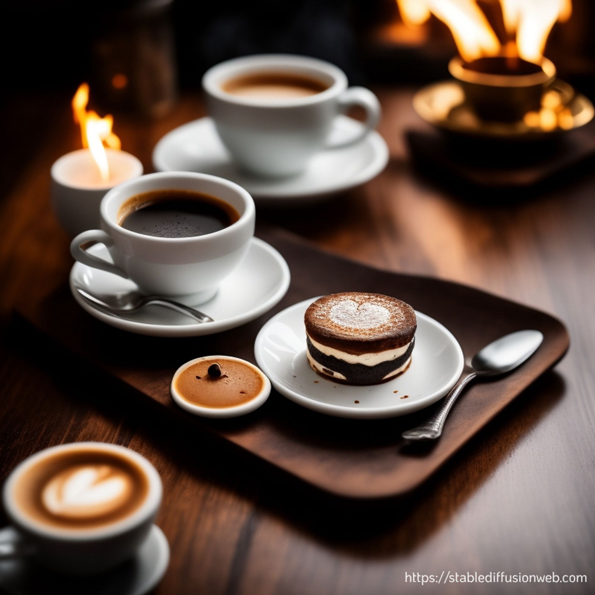 Ein durch KI erzeugtes Bild auf Basis meiner Bluesky-Bio. Es zeigt Kaffeekunst, hauptsächlich Espresso und ein kleines Gebäck.