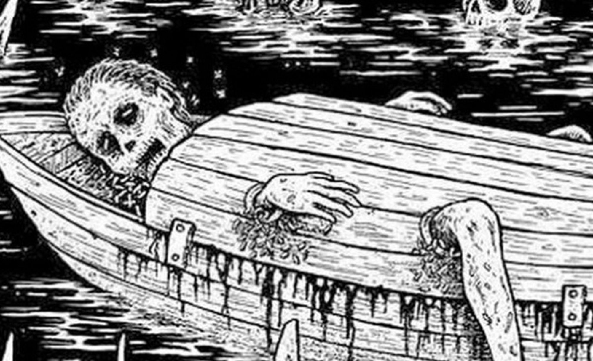 A depicition of scaphism, featuring a dying / decomposing guy trapped on a boat covered by another boat, festering maggots around his head, hands, and legs sticking out