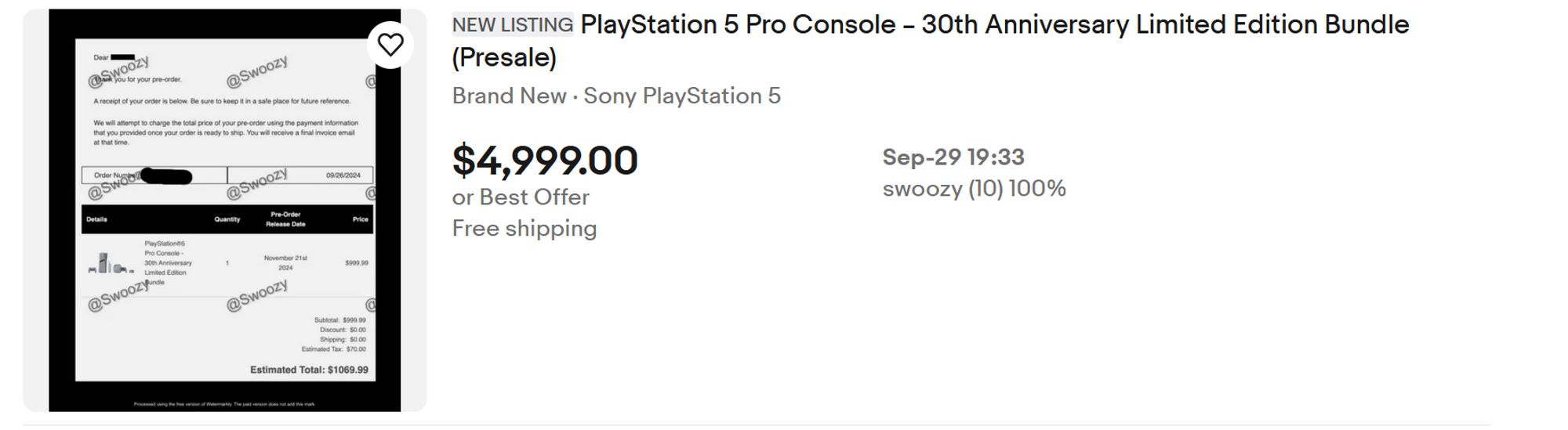 An Ebay listing for a ps5 pro 30th anniversary bundle for 5000 dollars