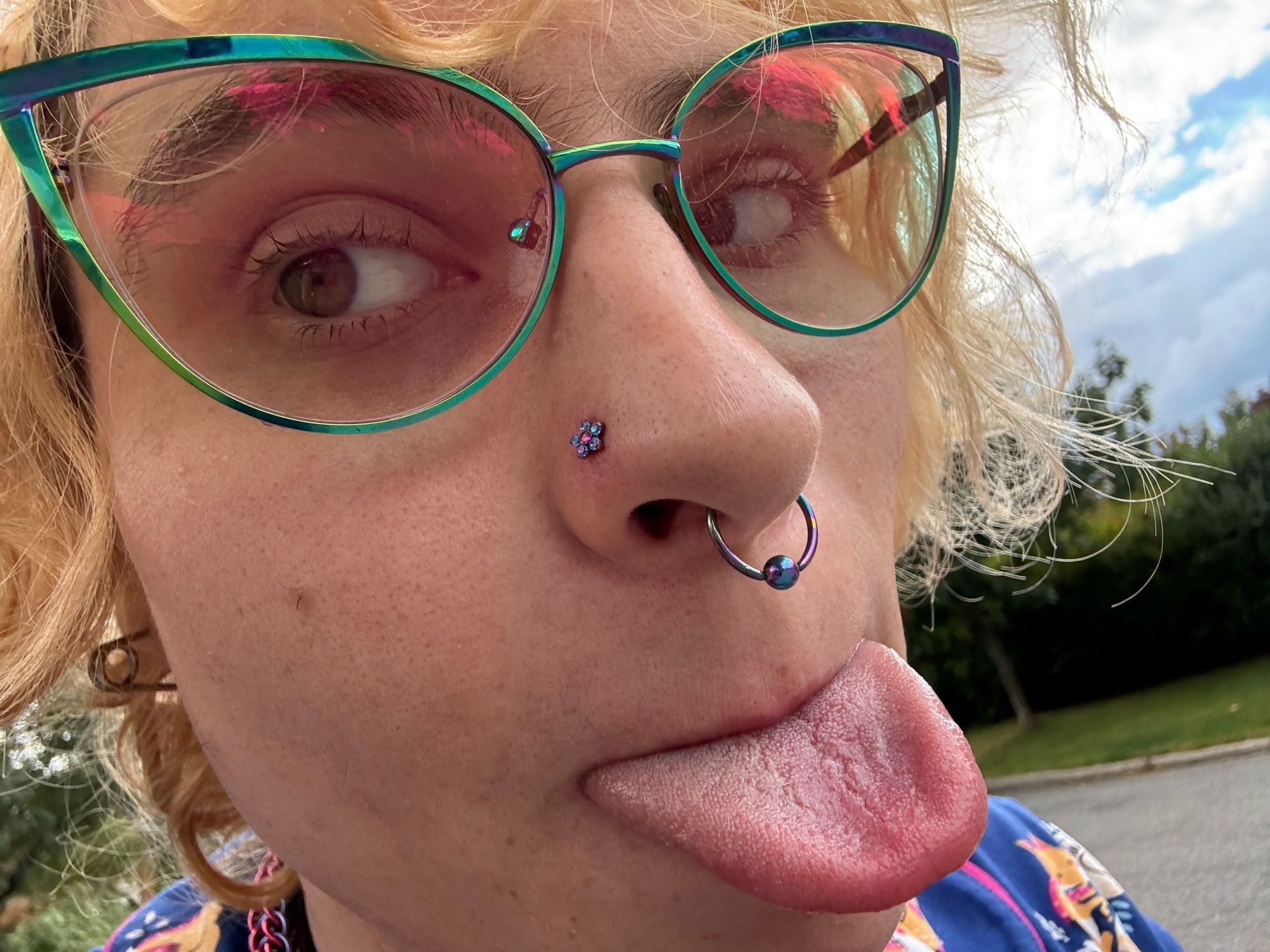 A close up of our left nostril piercing we have a blue flower with pink inside flower we have our rainbow septum piercing showing. We have our rainbow cat eye glasses on and we’re blepping.