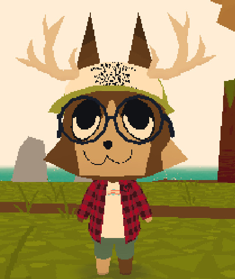 A screenshot of a pixelated cartoonish brown dog character from the game Webfishing. It’s wearing a red flannel and a trans colored shirt.