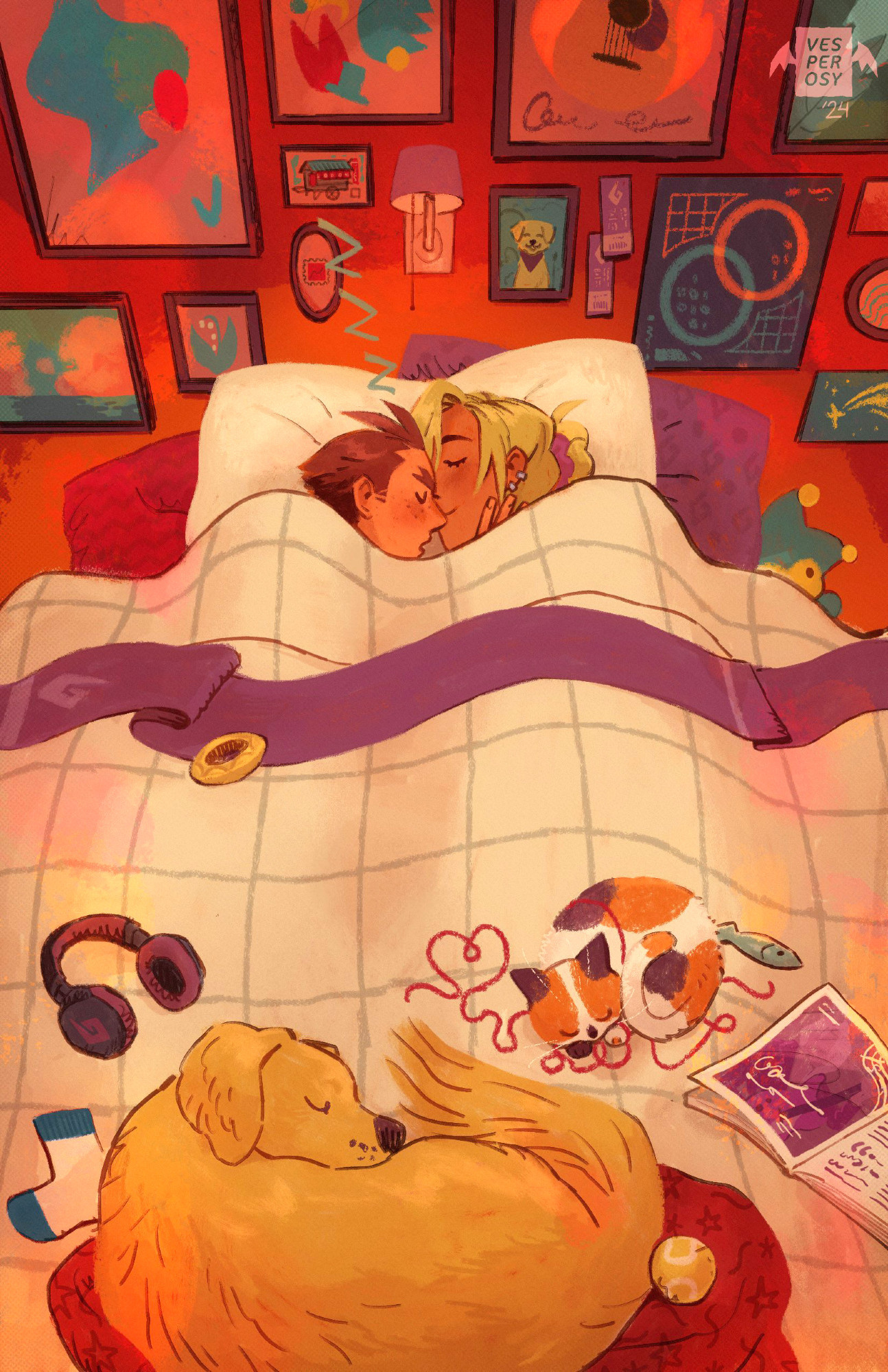 an illustration of apollo justice and klavier gavin from ace attorney. they're asleep under a checked blanket, atop which lays mikeko (a calico cat) and vongole (a golden retriever). on the wall above them are framed paintings depicting the different cases in ace attorney 4