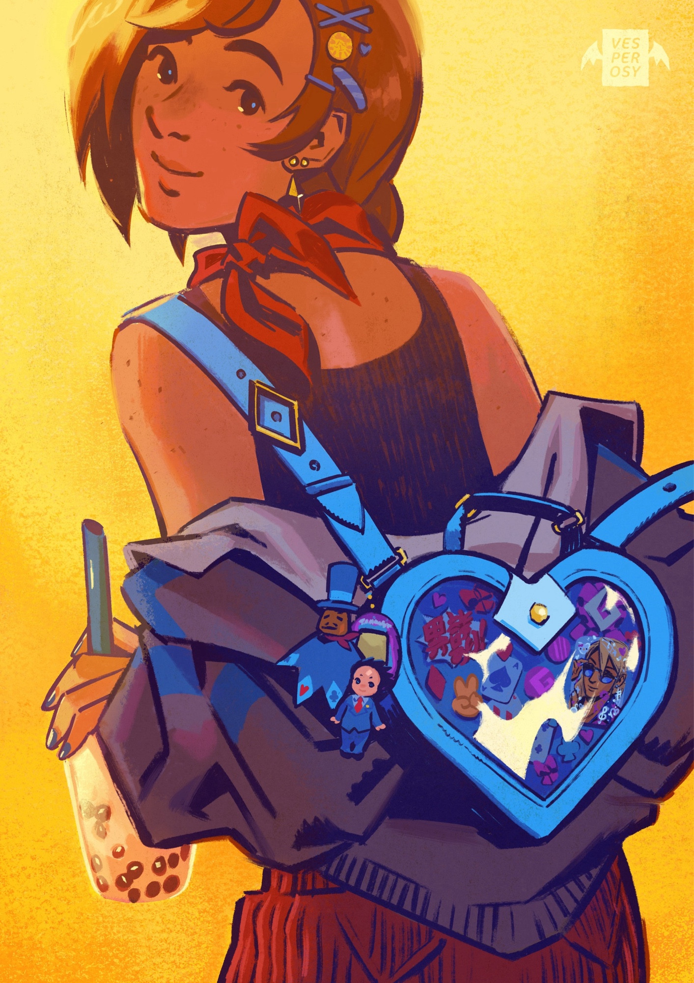 a digital illustration of trucy wright from ace attorney on a yellow background. she is turned away from the viewer with an itabag shaped like her usual white and blue pochette slung over her shoulder. inside are various charms and photocards, including one of klavier gavin. attached to the bag are a tamagotchi toy and keychains of her prop puppet, mister hat, as well as a sonny angel toy dressed as phoenix wright. instead of her canon outfit she is wearing her father's hoodie slung over her shoulders, as well as a black tank and a red corduroy skirt. she is clutching a cup of bubble tea in her visible hand