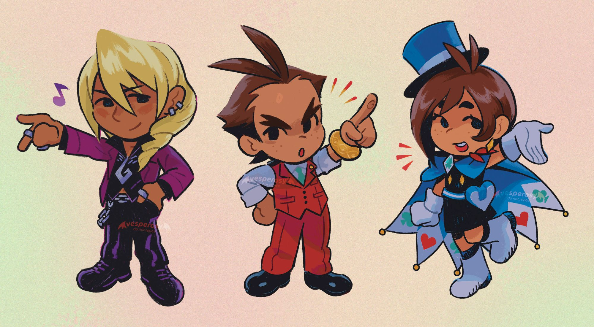 3 chibi illustrations of klavier gavin, apollo justice, and trucy wright on a gradient backdrop