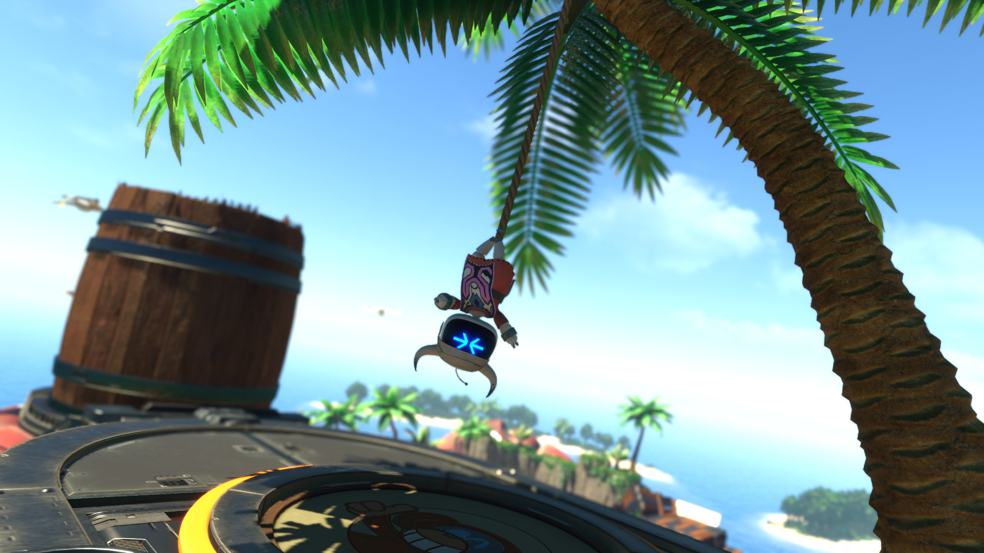 Horned Protector aka Ico [centre] hanging helplessly on a palm tree in the level, Go Go Archipelago!