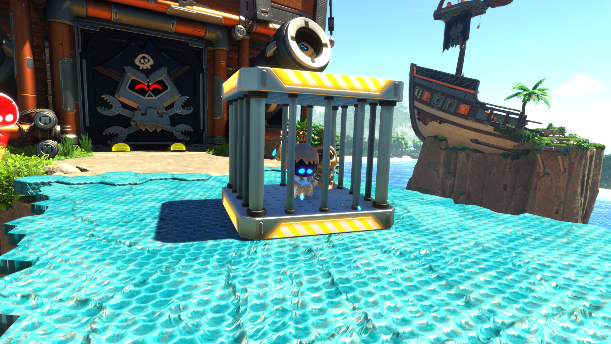 Elfin Prisoner aka Yorda [centre with skelebot] sitting helplessly in a cage in the level, Go Go Archipelago!

Also, a smug looking pirate skull gate [left]