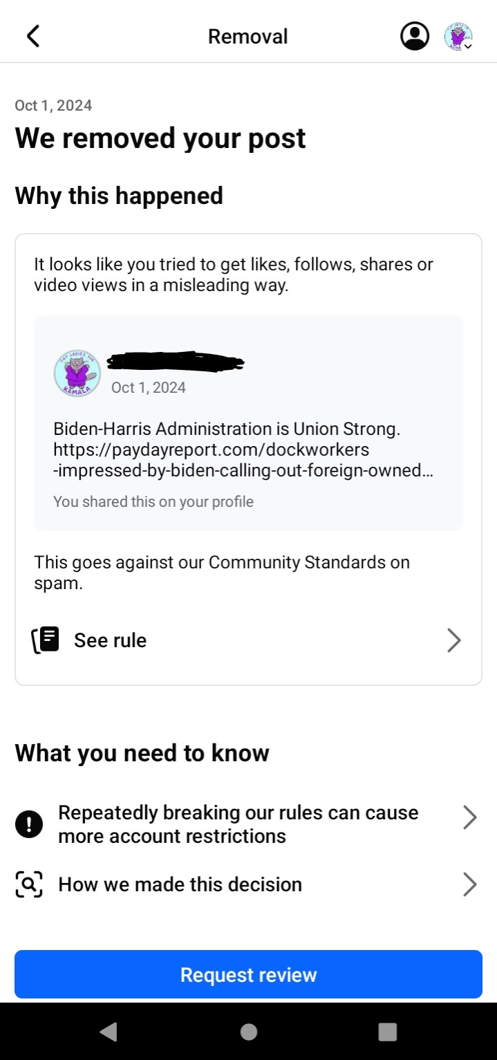 Facebook stating that post was removed as spam