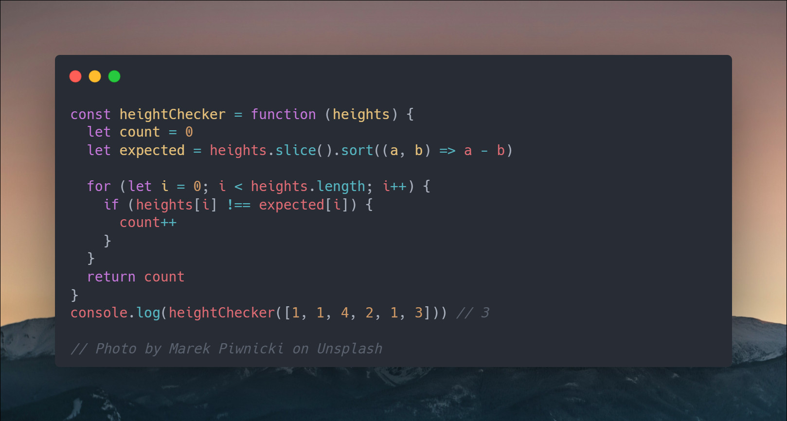 JavaScript code that takes a parameter "heights" as an array. sets count and then has copy of heights sorted in non descending order. loops through and check which indices of arrays don't match each other and adds to count. returns count