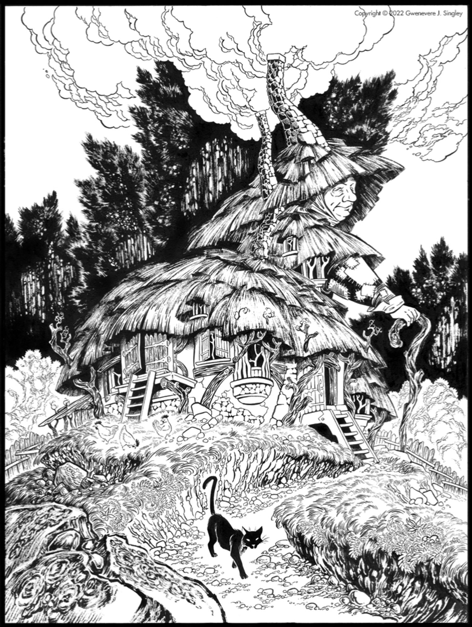 It’s a witch cottage! That is also a witch! An old ramshackle cottage with thatched roof and crooked chimneys and numerous odd windows and doors and nooks and crannies; but at the same time, it forms the dress and hat of a gnarled old witch, who smirks at us with a knowing look. A black cat roams down the cottage path.