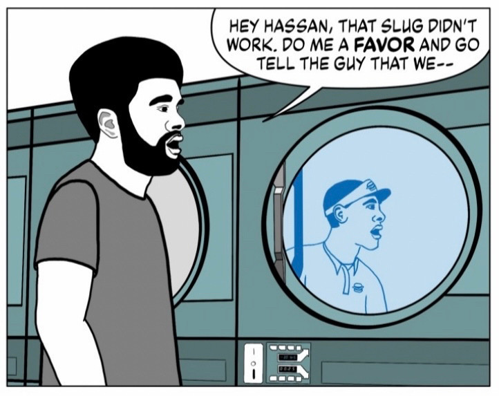 Carl focuses his attention away from the drying machine to say, “Hey Hassan, that slug didn’t work. Do me a favor and go tell the guy that we -“ but doesn’t notice that his reflection is now blue and shows him 30 years younger, dressed in a fast food restaurant uniform.

#risograph