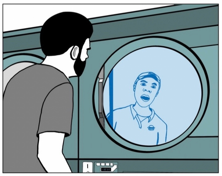 Carl looks shocked as he notices his younger self in the reflection of the drying machine.

#minicomics