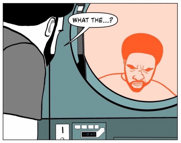 We see Carl’s face, reflected in orange from the window of a drying machine, as he stares down at the drying machine display, confused, and says, “What the…?”

The display of the drying machine reads “- 10 yrs”

#makingcomics 