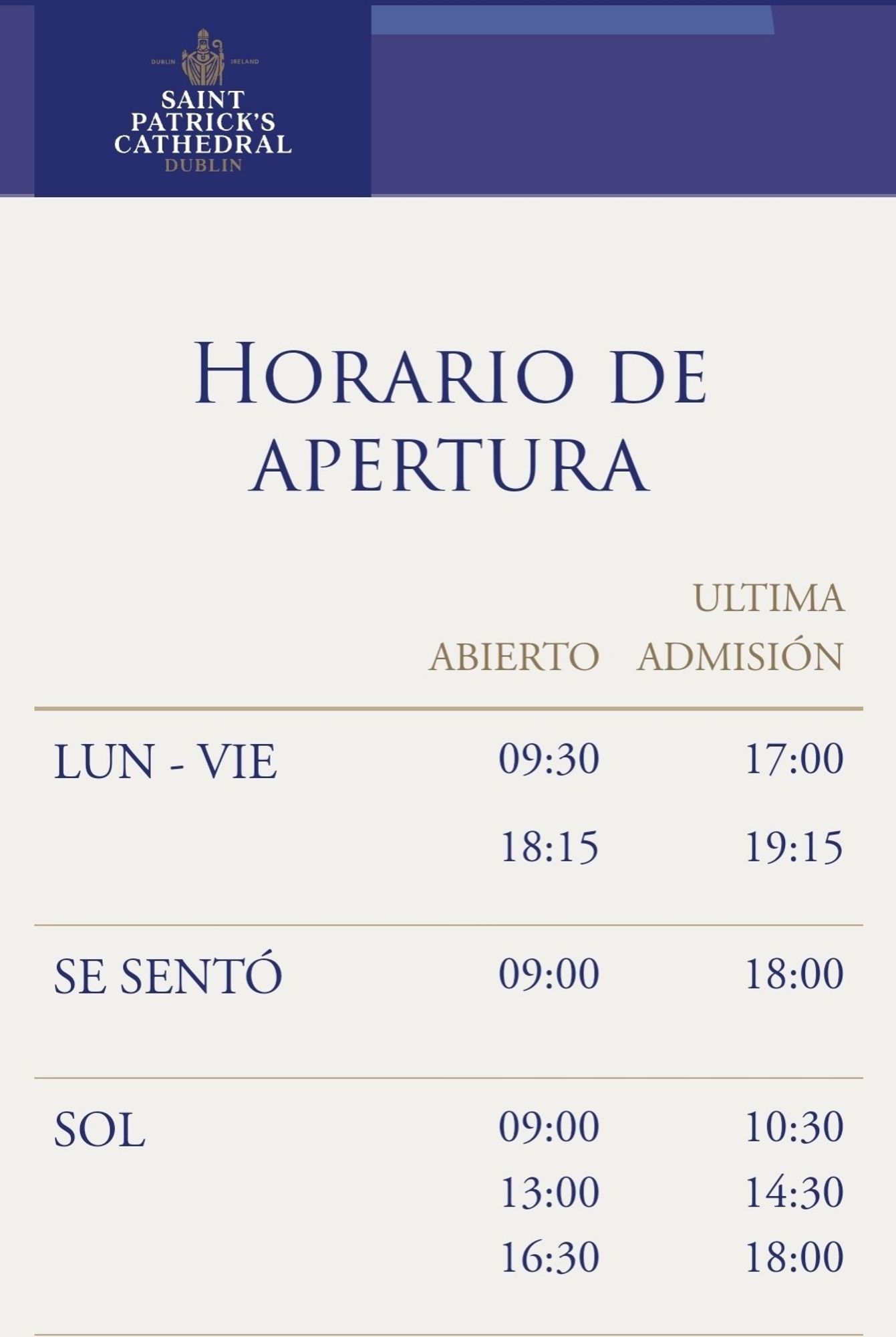 Horario de la Saint Patrick's Cathedral traducido con traducción automática. Las abreviaturas de sábado en inglés (Sat) y domingo (Sun) se han traducido como "se sentó" y "sol" respectivamente.