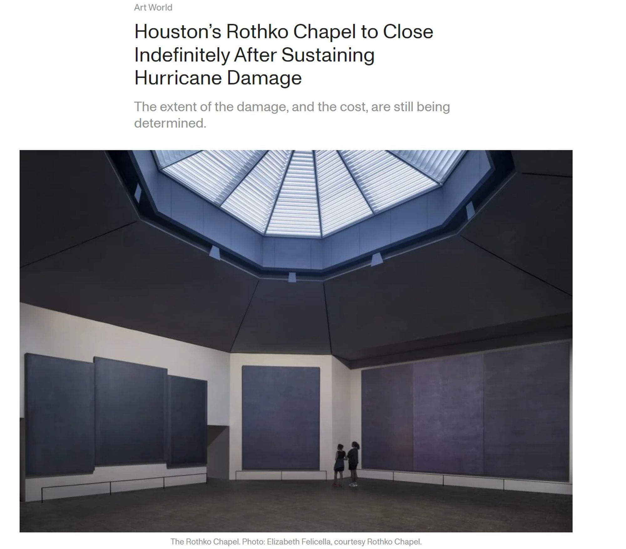 Screenshot of a an article describing how the Rothko Chapel in Houston will close indefinitely after having been damaged by a hurricane