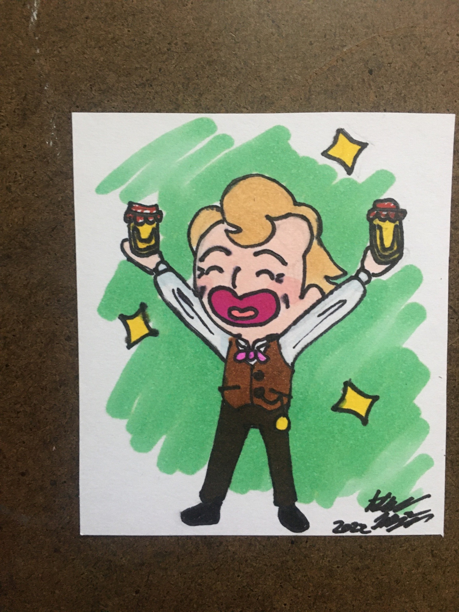 A chibi Sholmes holds up two jars of honey. He is surrounded by yellow sparkles and there is a light green background